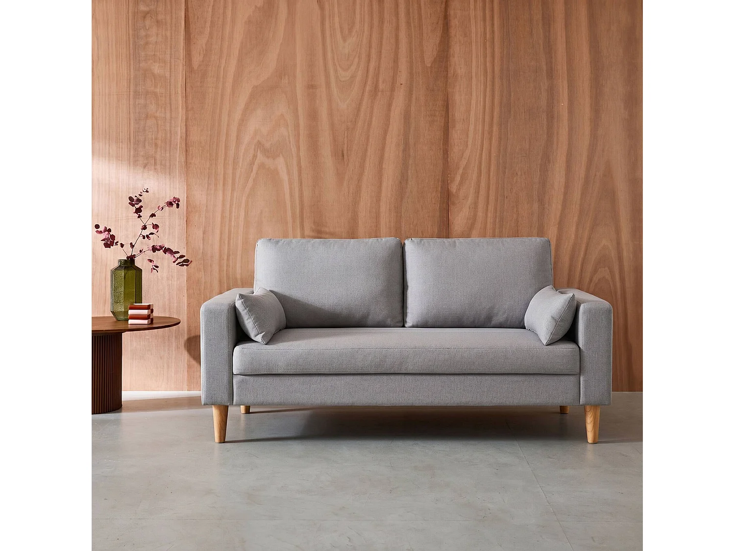 Sofá de tela con patas de madera, 3 plazas gris claro