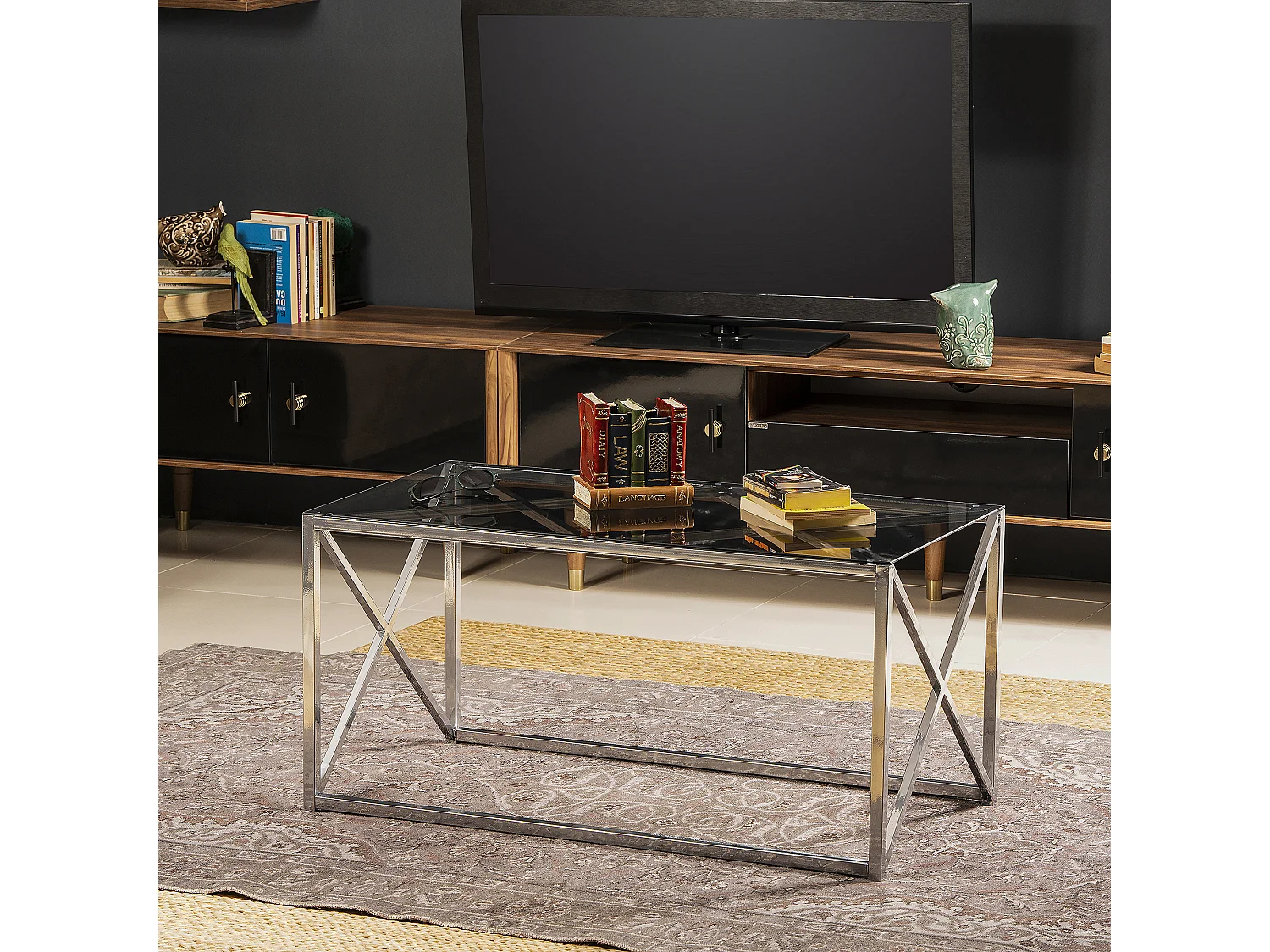 Iliomar Coffee Table with Metal Frame and Tempered Glass - W 94 cm x H 46.6 cm x D 49 cm