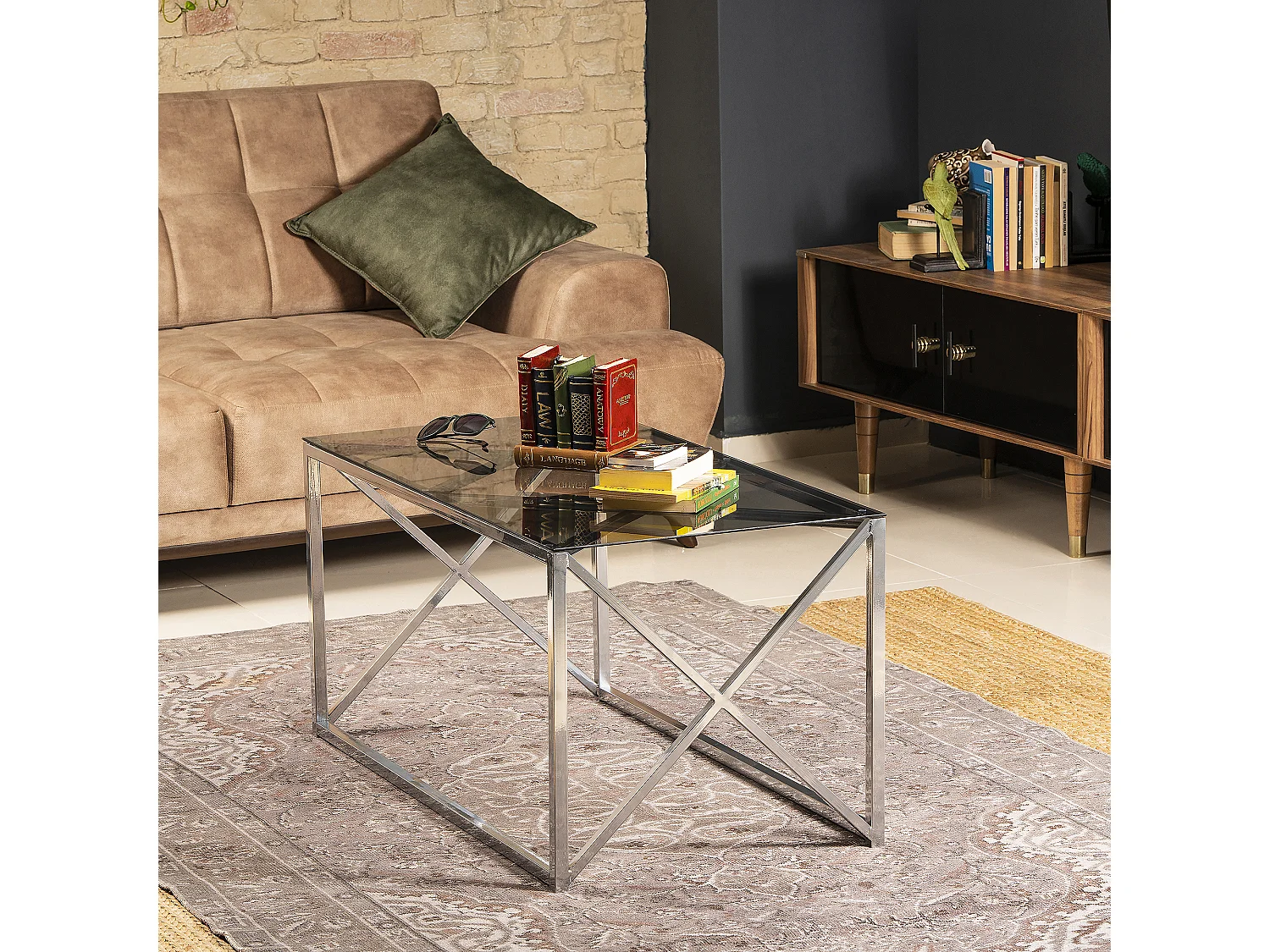 Iliomar Coffee Table with Metal Frame and Tempered Glass - W 94 cm x H 46.6 cm x D 49 cm