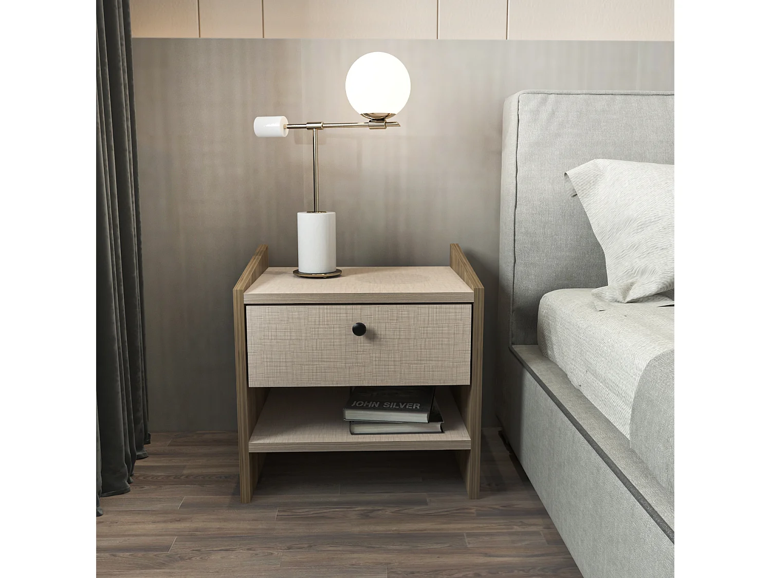 Decorotika Berlin Nightstand with Open Shelf and Drawer