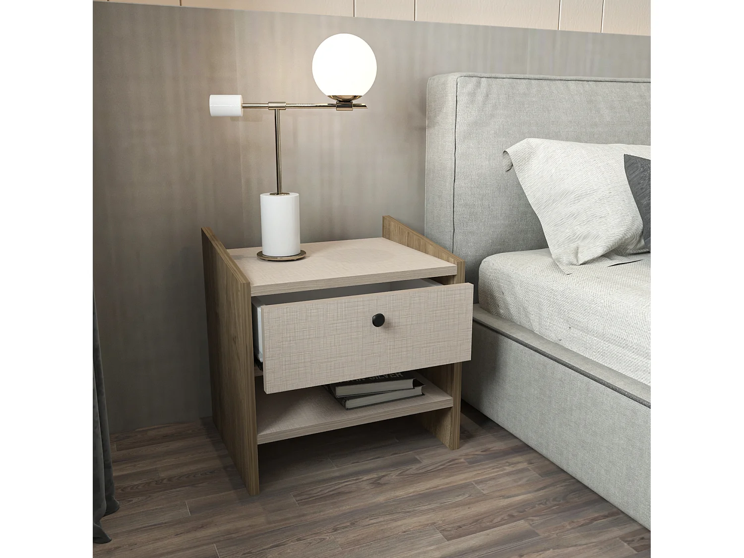 Decorotika Berlin Nightstand with Open Shelf and Drawer