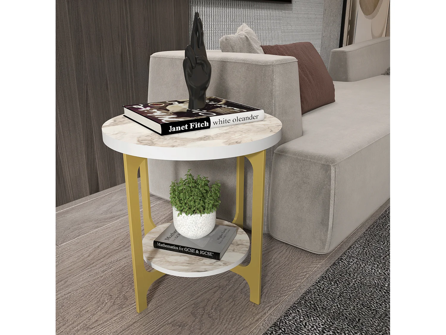 Decorotika Versy 50 cm Round Side End Table with Metal Frame and 2-tier