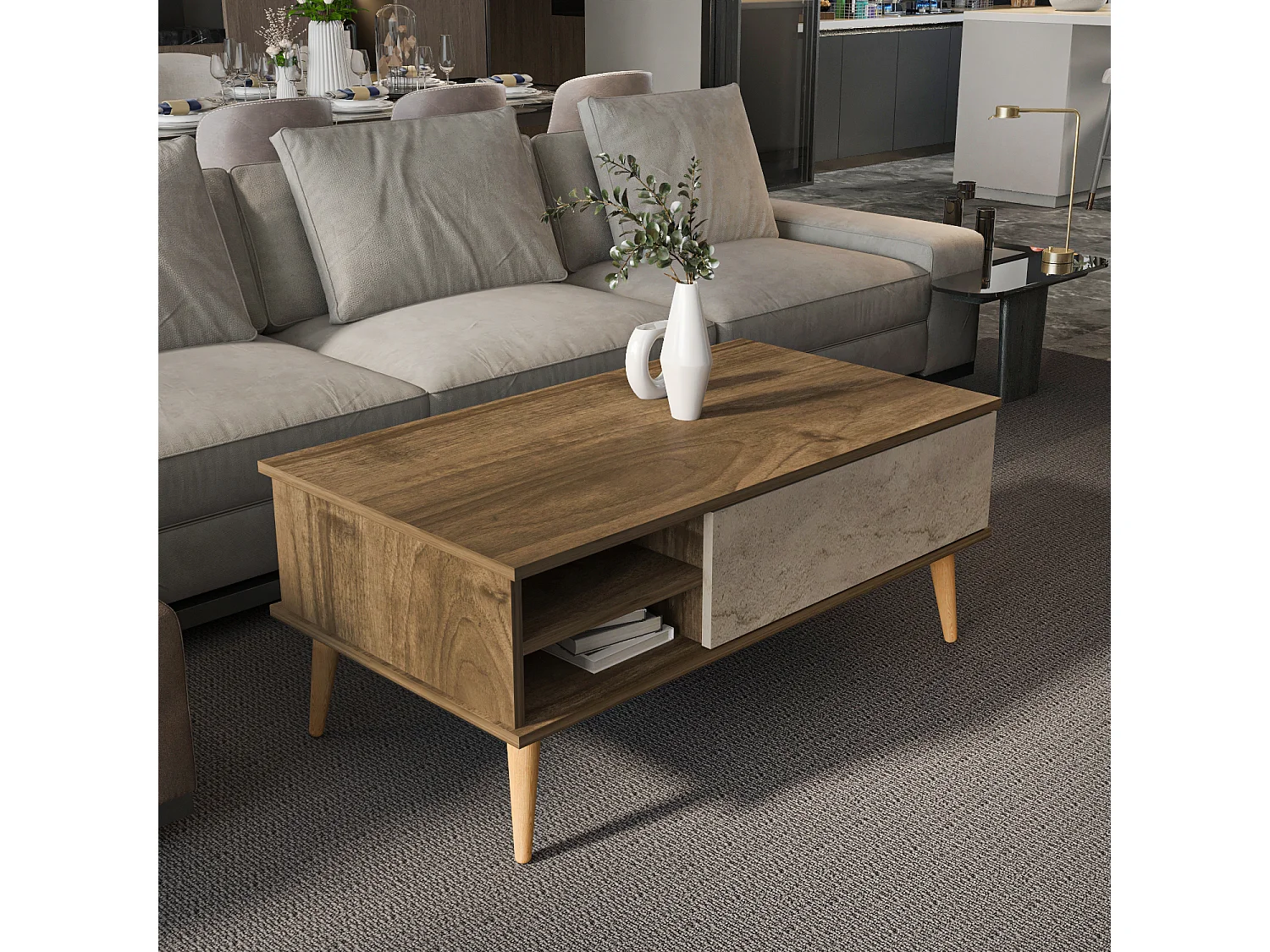 Decorotika Como Coffee Table with Open Shelves and Cabinet - 110 cm W x 46 cm H x 60 cm D