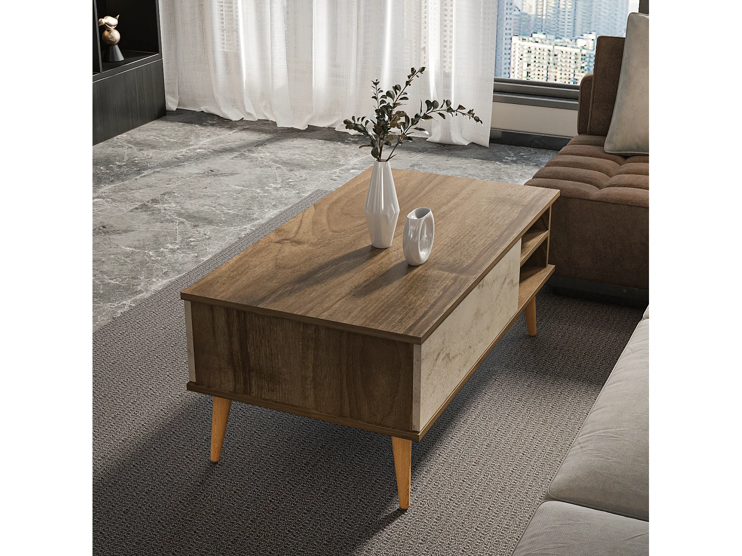 Decorotika Como Coffee Table with Open Shelves and Cabinet - 110 cm W x 46 cm H x 60 cm D
