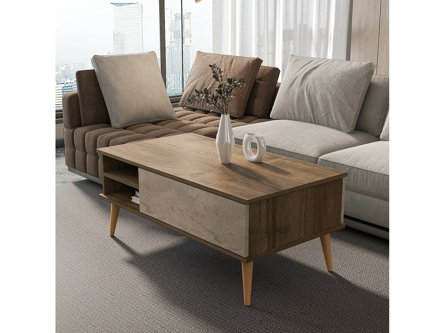 Decorotika Como Coffee Table with Open Shelves and Cabinet - 110 cm W x 46 cm H x 60 cm D