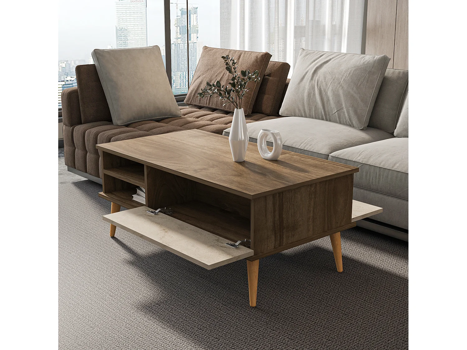 Decorotika Como Coffee Table with Open Shelves and Cabinet - 110 cm W x 46 cm H x 60 cm D
