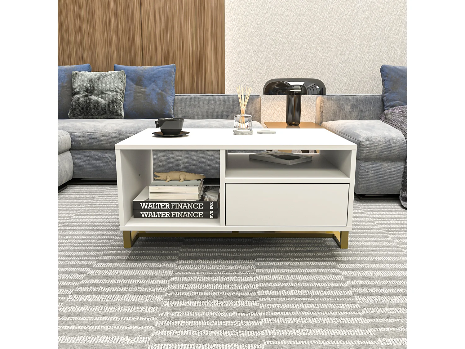 Decorotika Utopia 90 cm Rectangular Coffee Table with Open Shelves and Cabinet