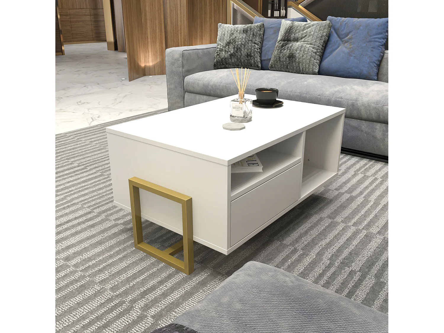 Decorotika Utopia 90 cm Rectangular Coffee Table with Open Shelves and Cabinet
