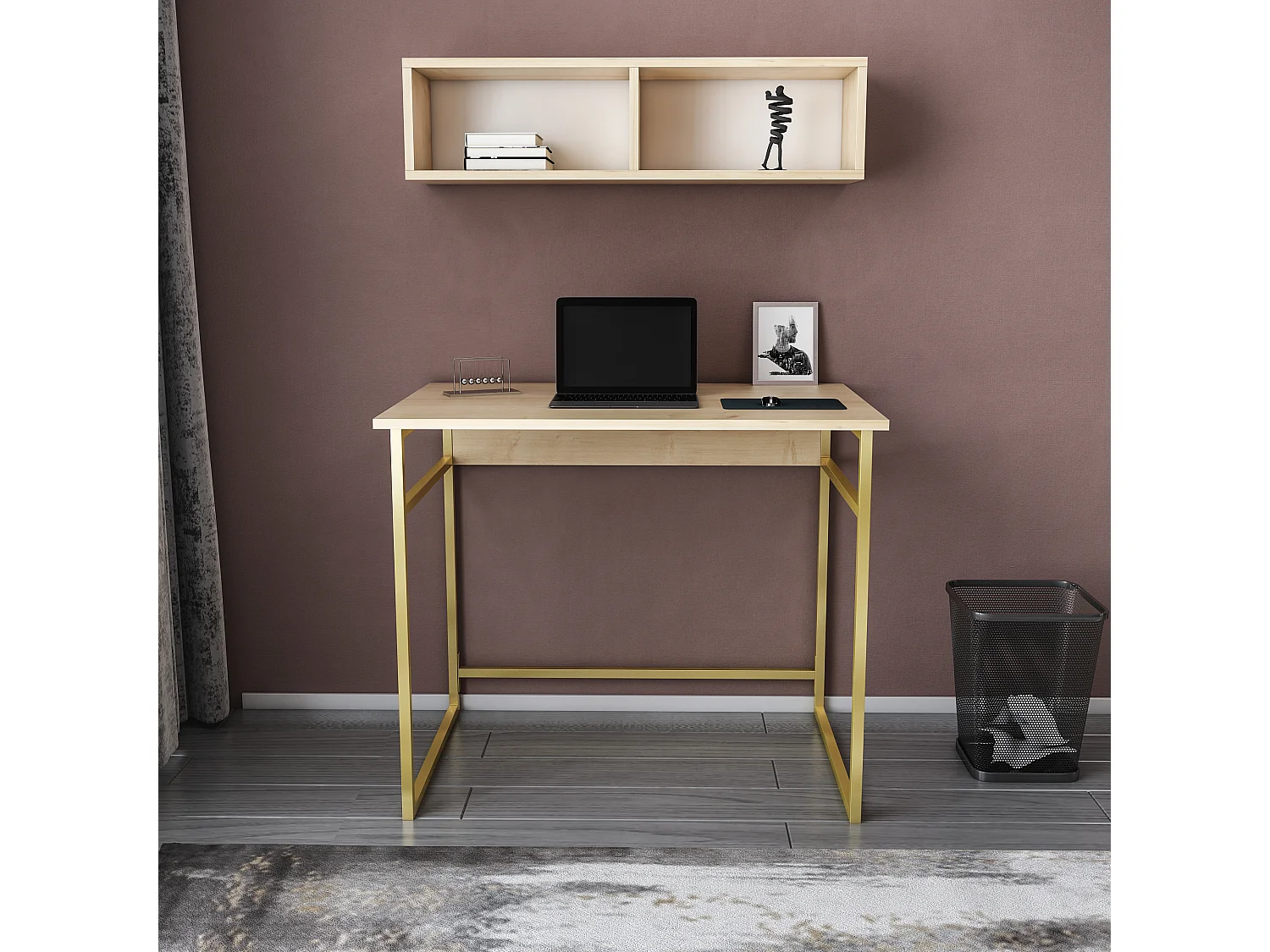 Decorotika Hussum Metal Frame Computer Desk with Wall Shelf - 90 cm W x 75 cm H x 60 cm D