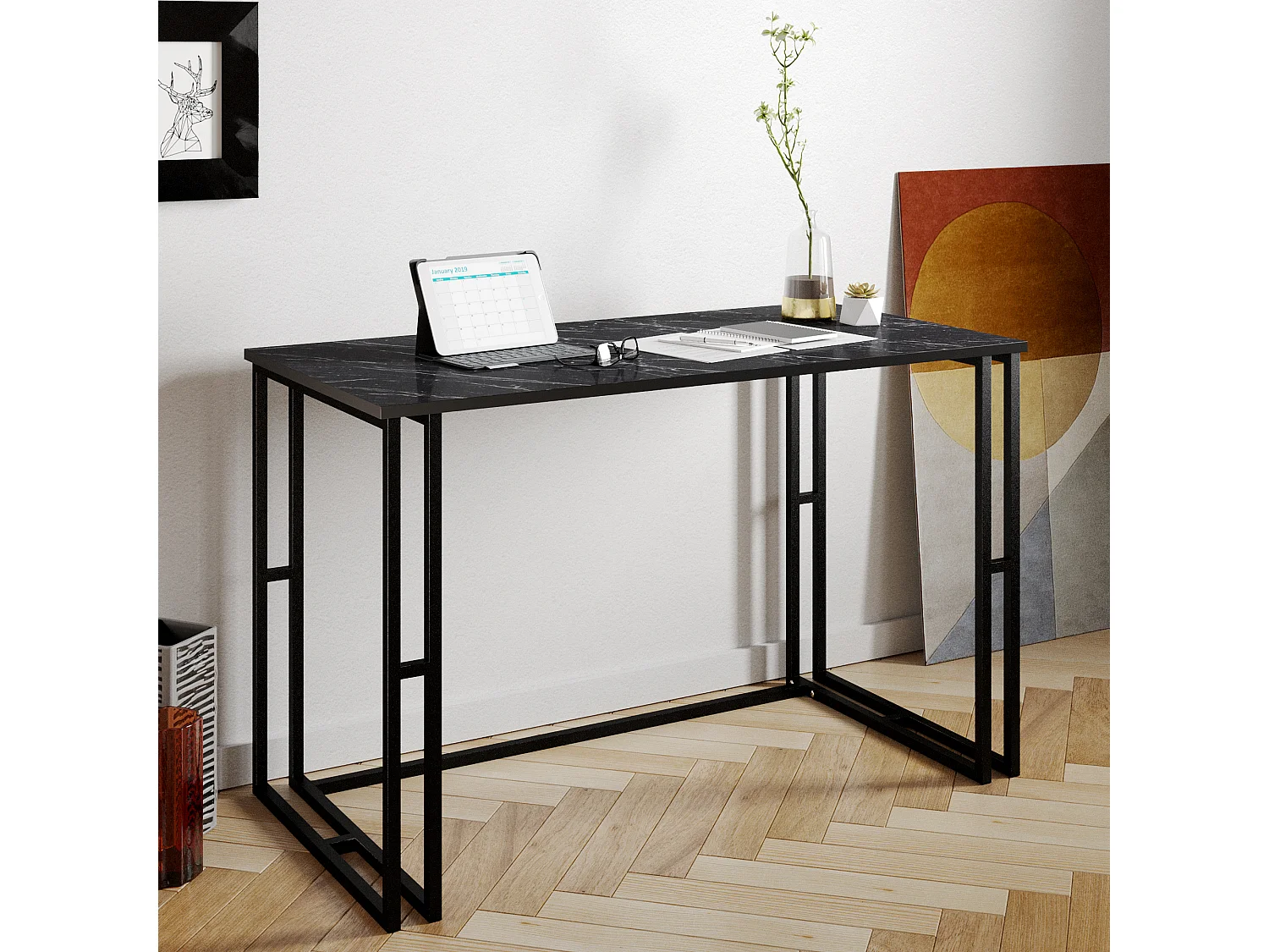 Decorotika Alfa Computer Desk with Metal Legs - H 75 cm x W 20 cm x D 60 cm (Black and Black Marble Effect)