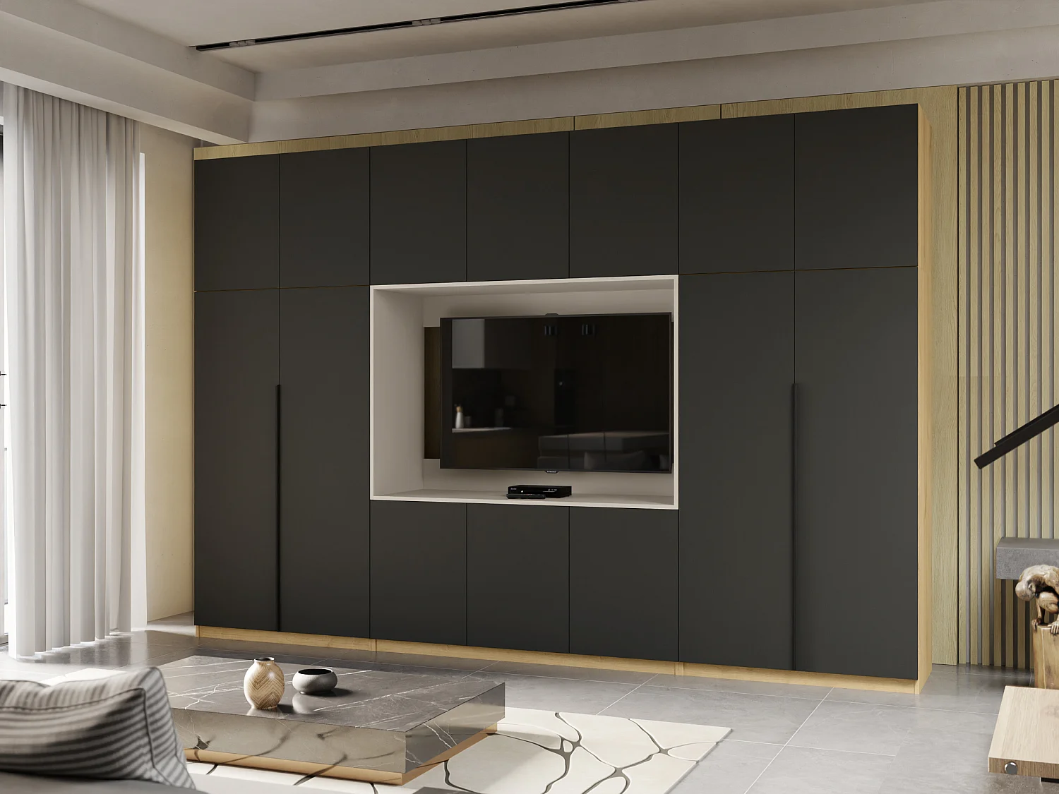 Parete attrezzata moderna con grandi armadi e vetrina TV HORIZON apertura a pressione