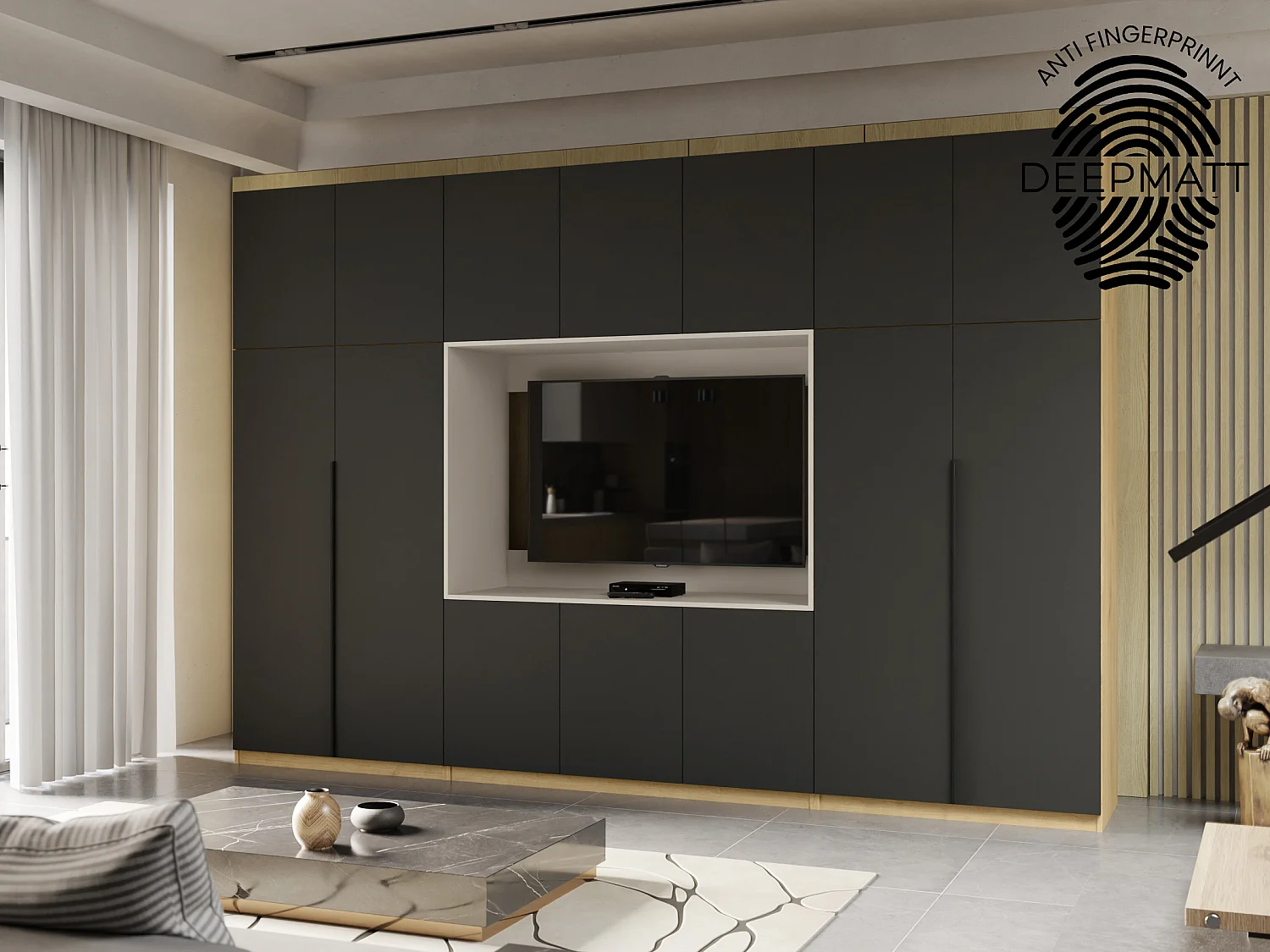 Parete attrezzata moderna con grandi armadi e vetrina TV HORIZON apertura a pressione