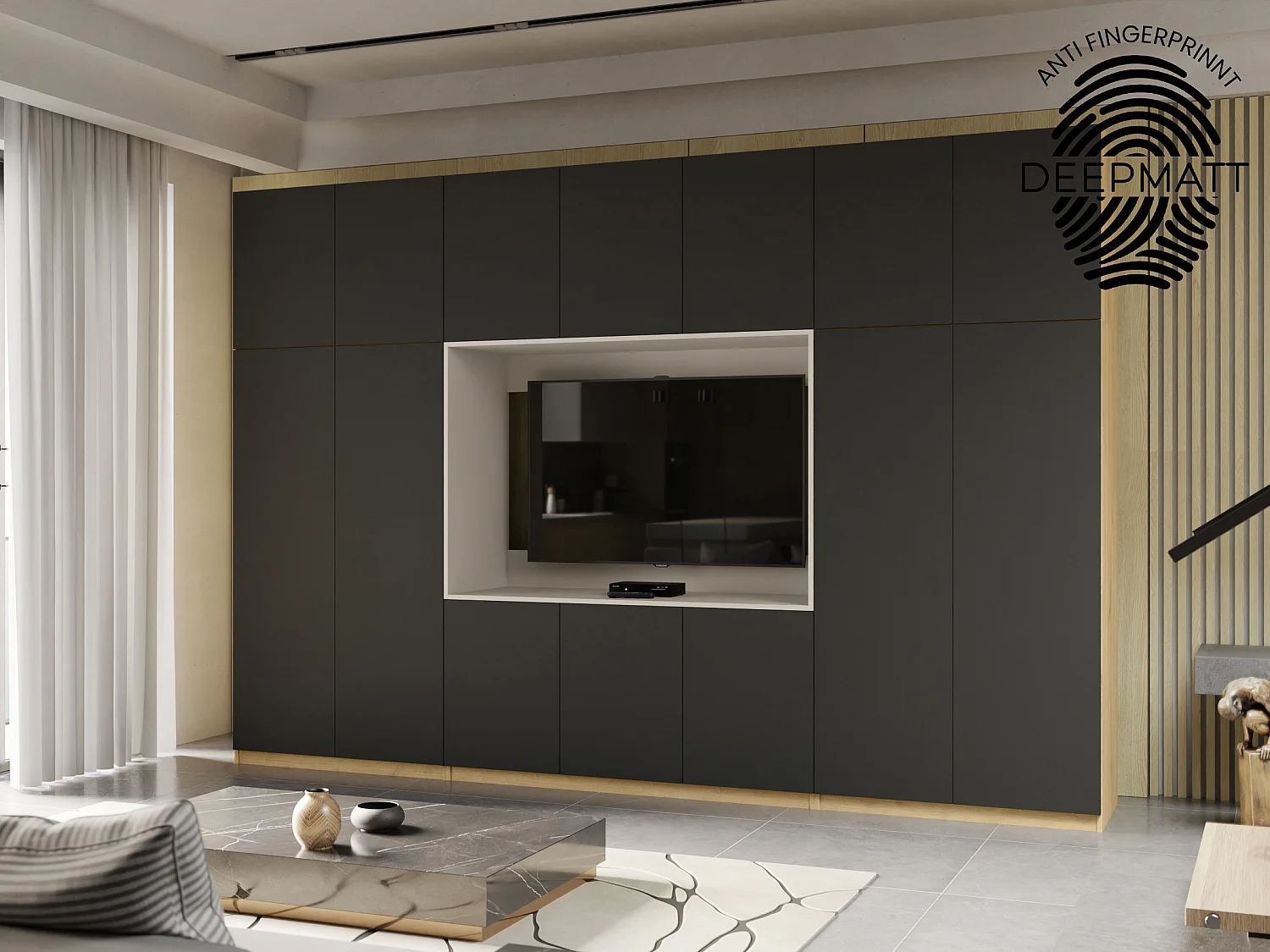 Parete attrezzata moderna con grandi armadi e vetrina TV HORIZON apertura a pressione
