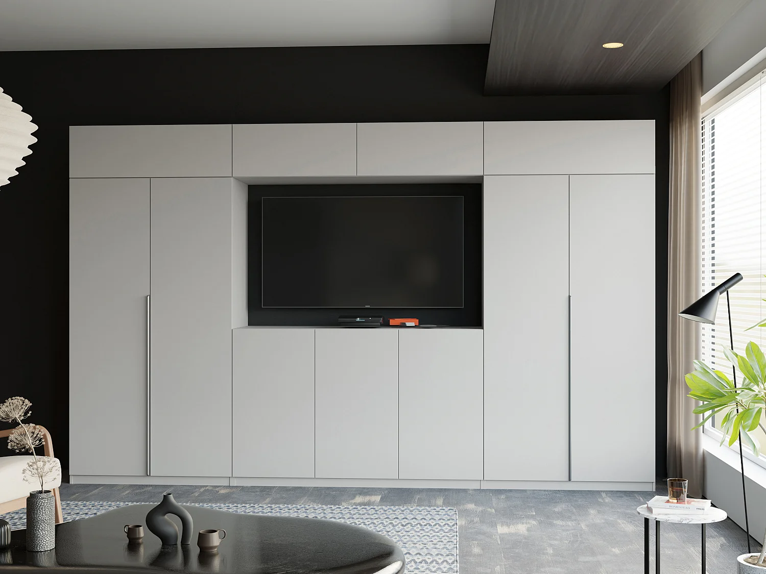 Parete attrezzata moderna con grandi armadi e vetrina TV ATRIUM apertura a pressione