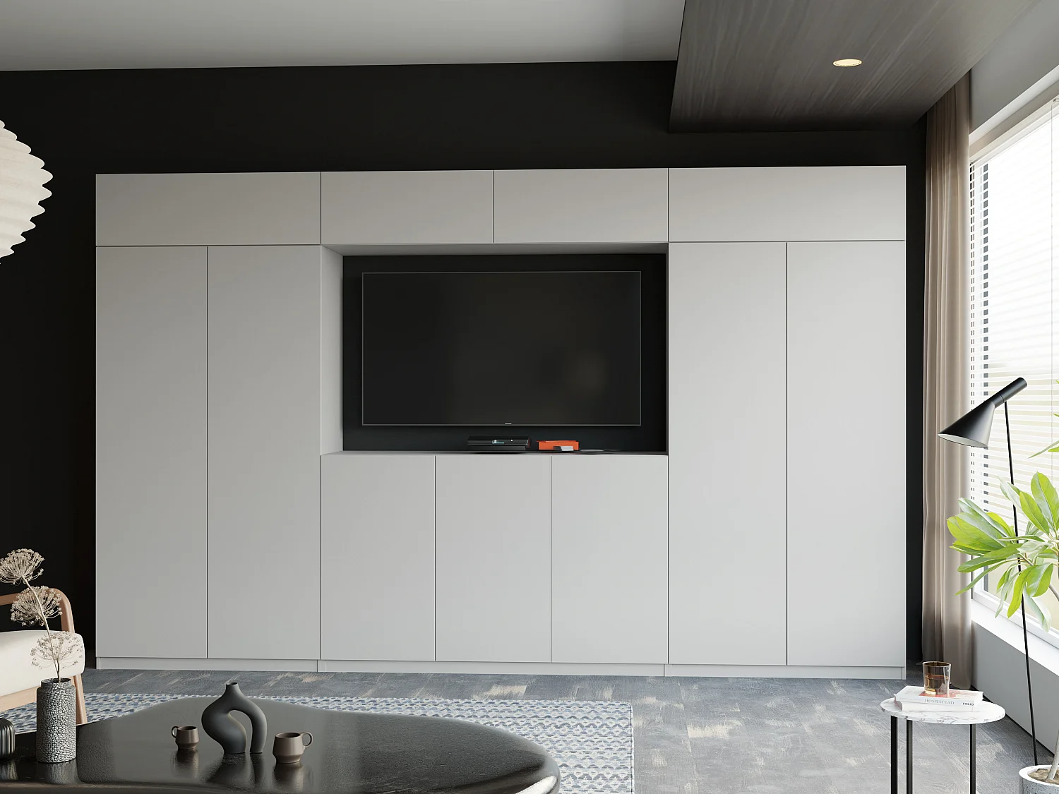 Parete attrezzata moderna con grandi armadi e vetrina TV ATRIUM apertura a pressione