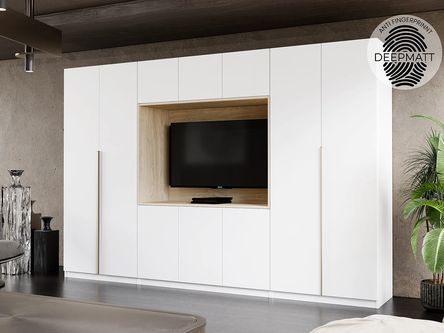Meuble mural moderne avec grandes armoires et vitrine TV VISION Ouverture par pression