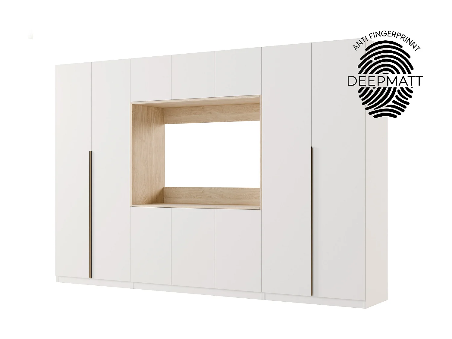 Meuble mural moderne avec grandes armoires et vitrine TV VISION Ouverture par pression