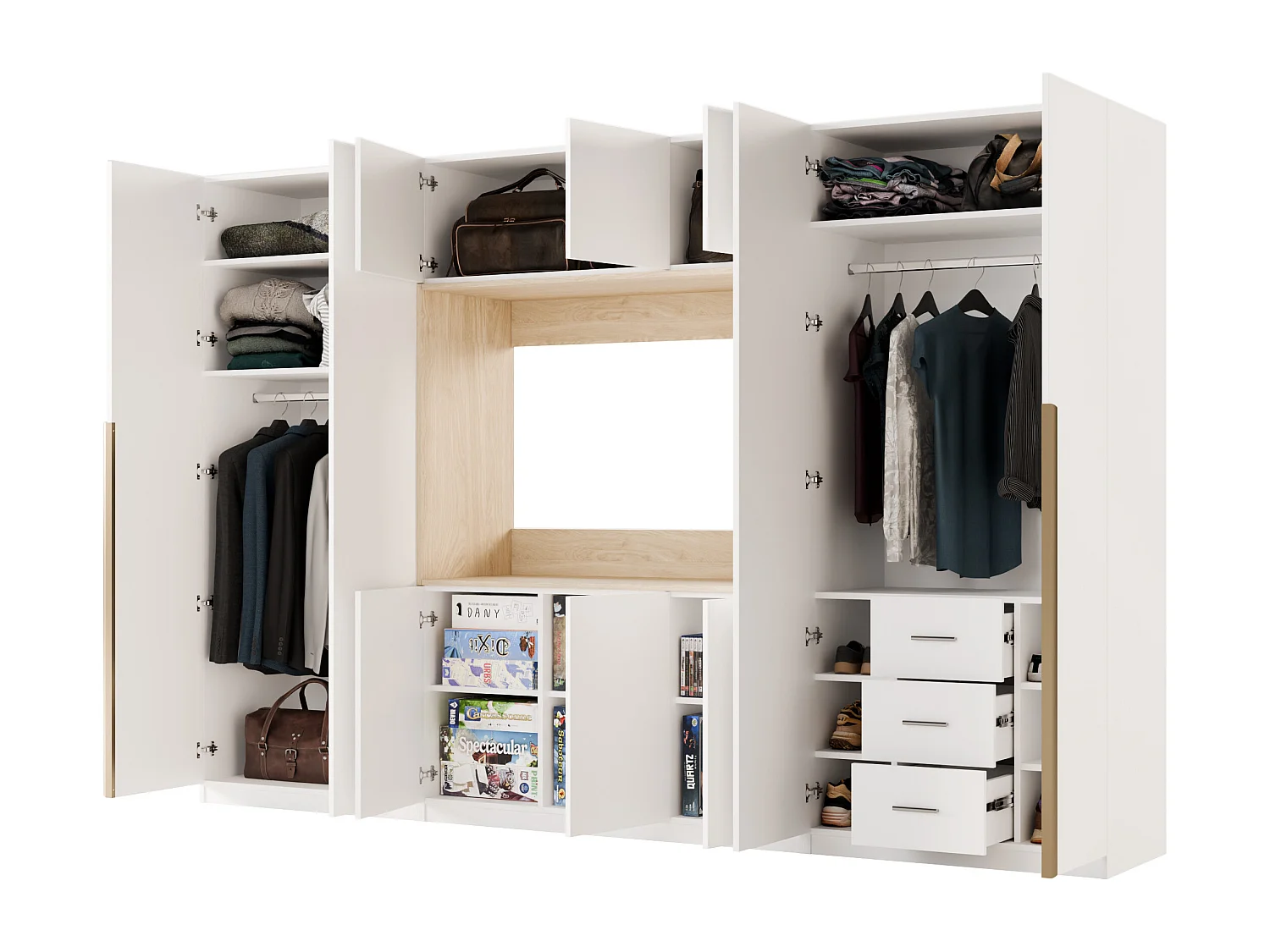 Meuble mural moderne avec grandes armoires et vitrine TV VISION Ouverture par pression