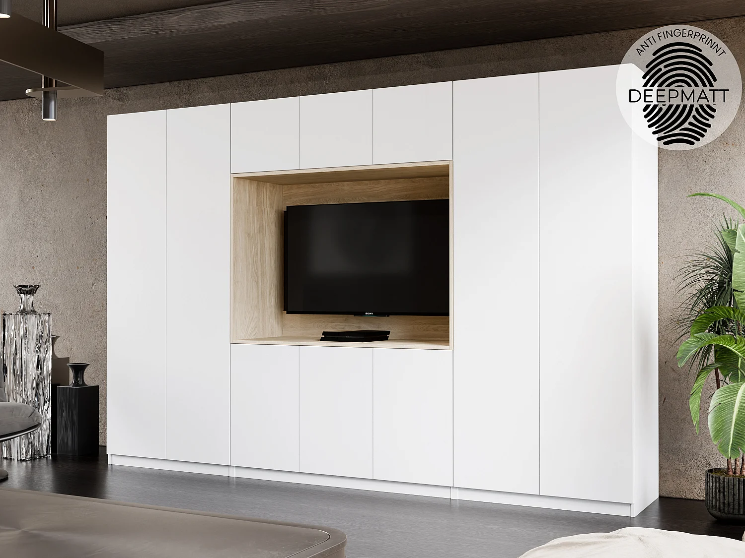 Meuble mural moderne avec grandes armoires et vitrine TV VISION Ouverture par pression