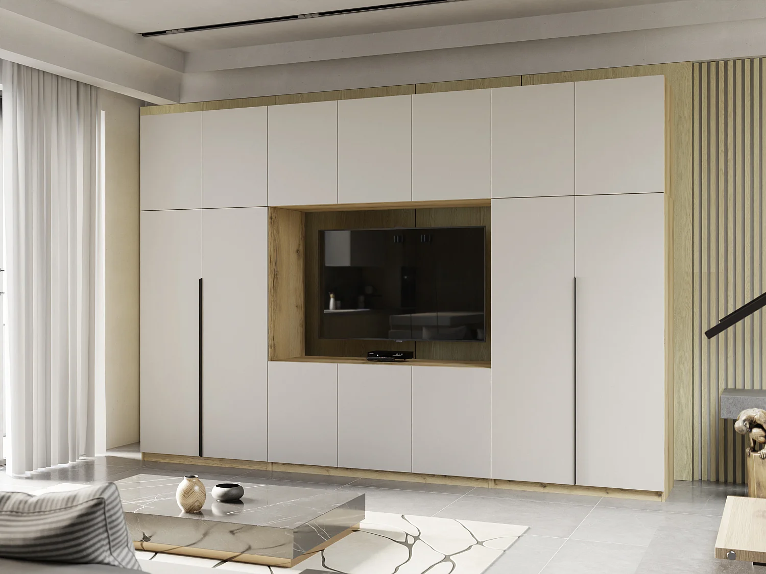 Meuble mural moderne avec grandes armoires et vitrine TV HORIZON Ouverture par pression