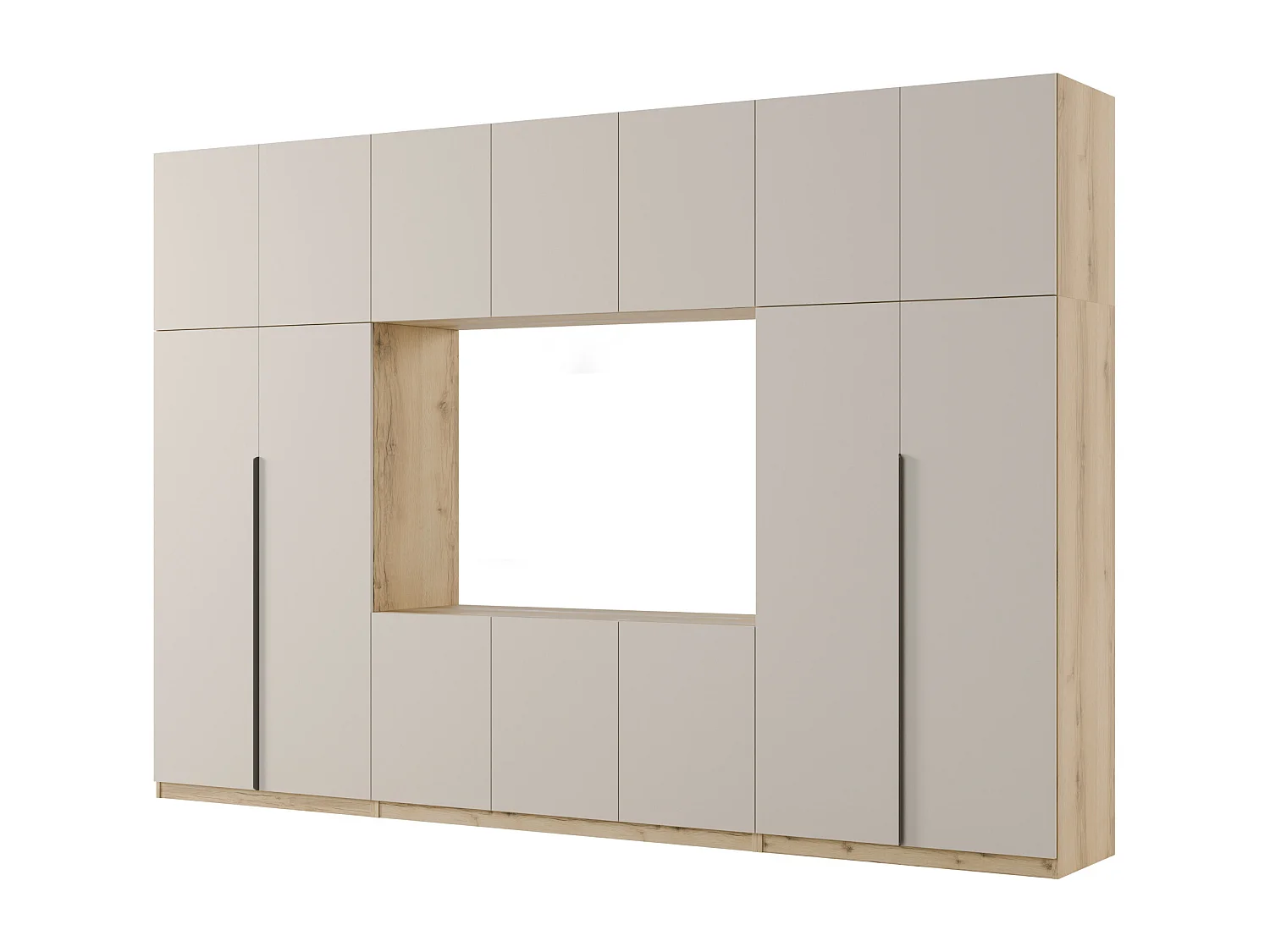 Meuble mural moderne avec grandes armoires et vitrine TV HORIZON Ouverture par pression