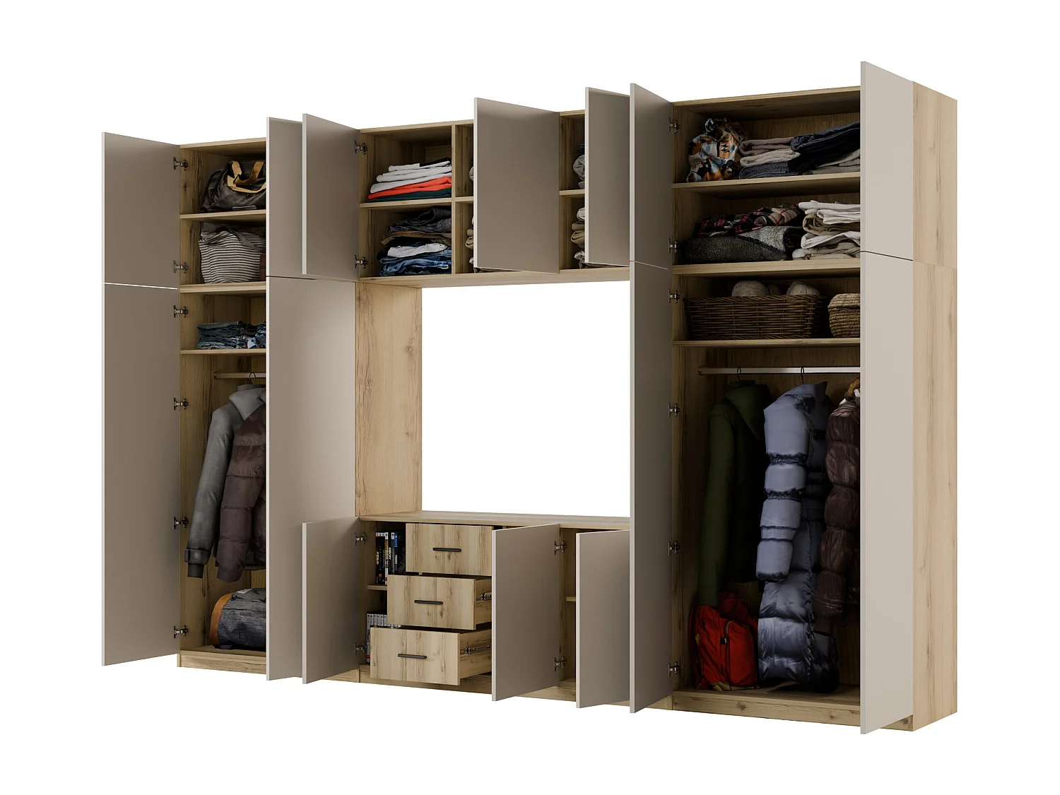 Meuble mural moderne avec grandes armoires et vitrine TV HORIZON Ouverture par pression