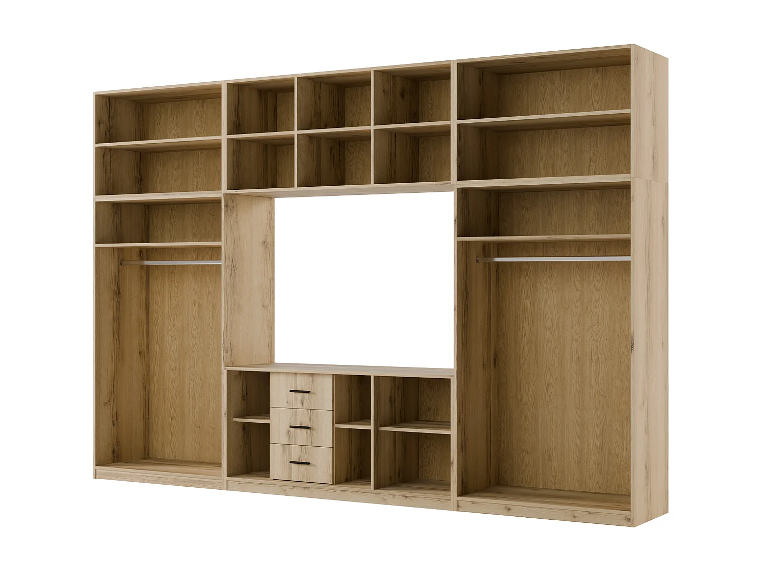 Meuble mural moderne avec grandes armoires et vitrine TV HORIZON Ouverture par pression