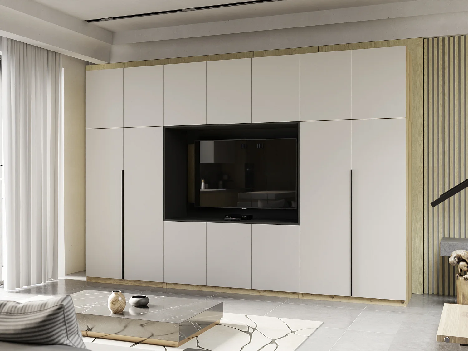 Meuble mural moderne avec grandes armoires et vitrine TV HORIZON Ouverture par pression