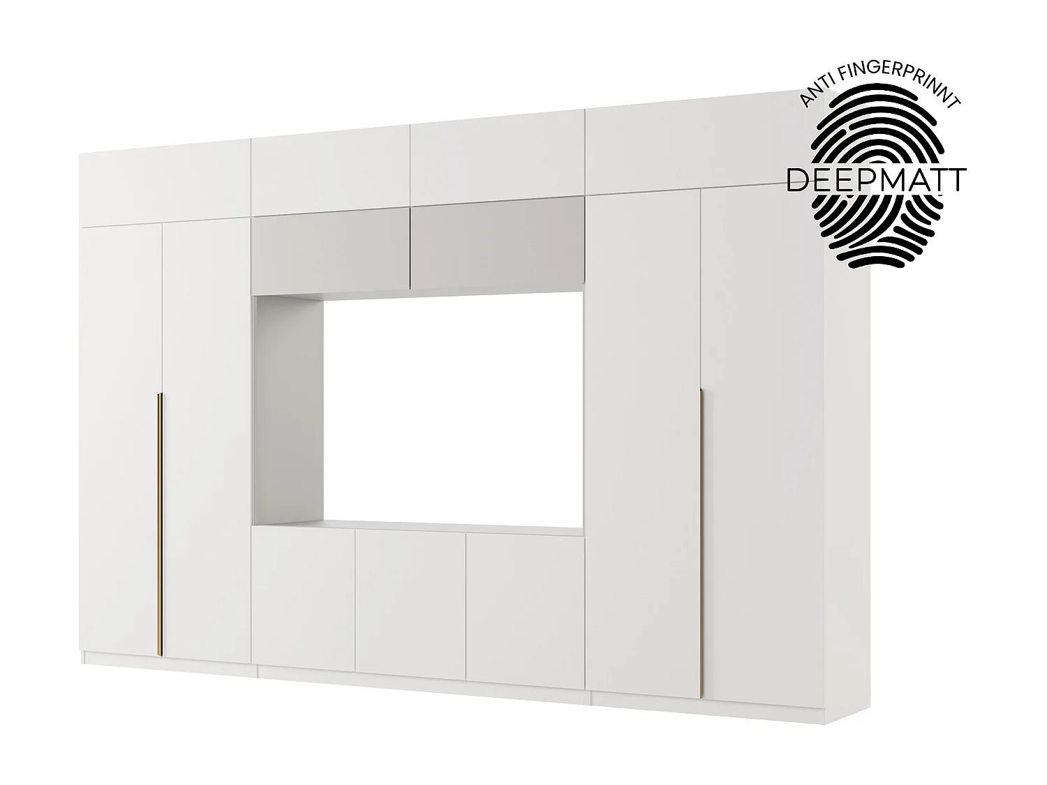 Meuble mural moderne avec grandes armoires et vitrine TV INFINITY Ouverture par pression
