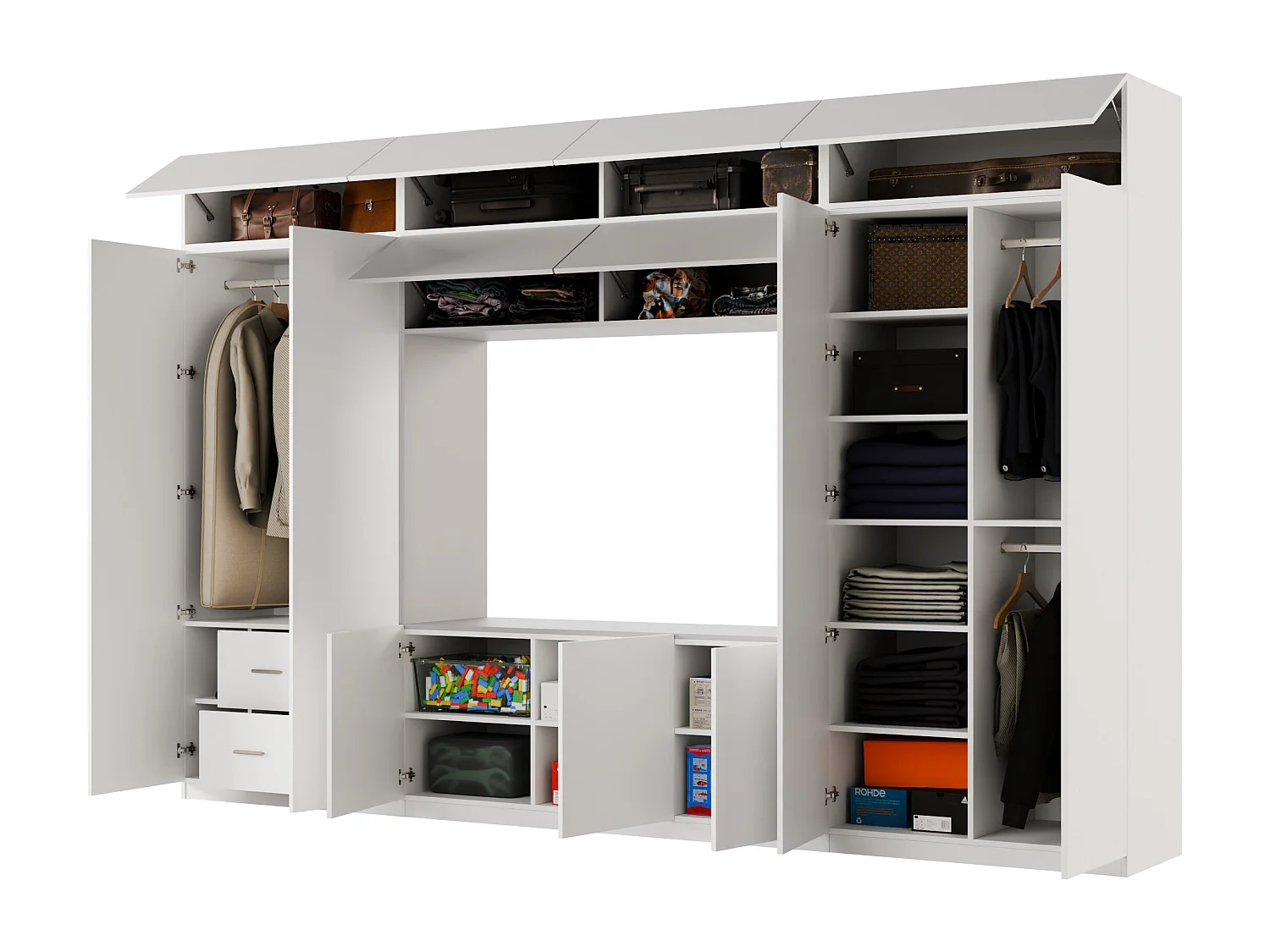 Meuble mural moderne avec grandes armoires et vitrine TV INFINITY Ouverture par pression