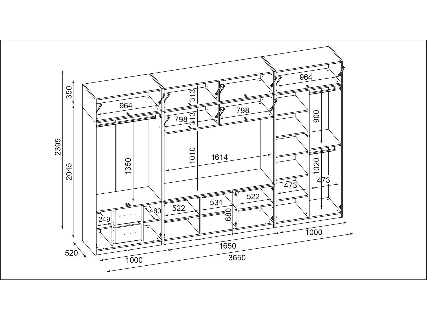 Meuble mural moderne avec grandes armoires et vitrine TV INFINITY Ouverture par pression