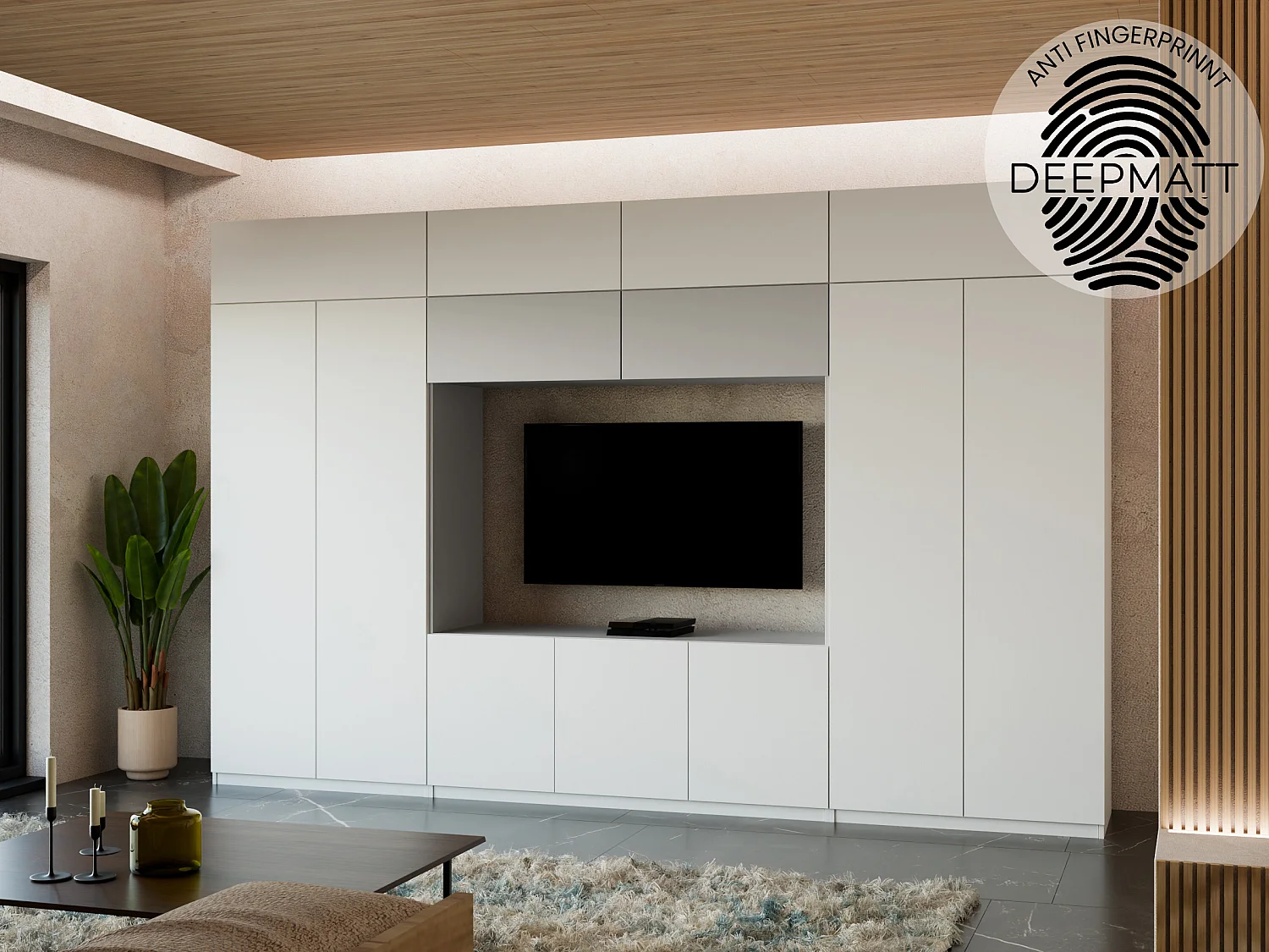 Meuble mural moderne avec grandes armoires et vitrine TV INFINITY Ouverture par pression