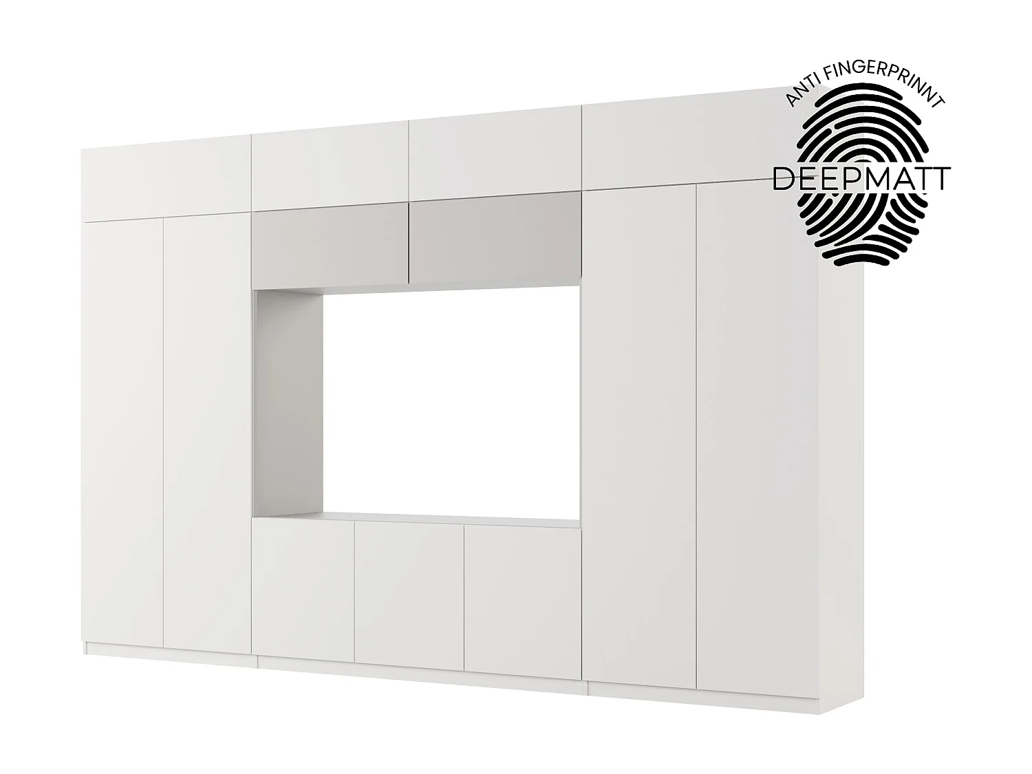 Meuble mural moderne avec grandes armoires et vitrine TV INFINITY Ouverture par pression