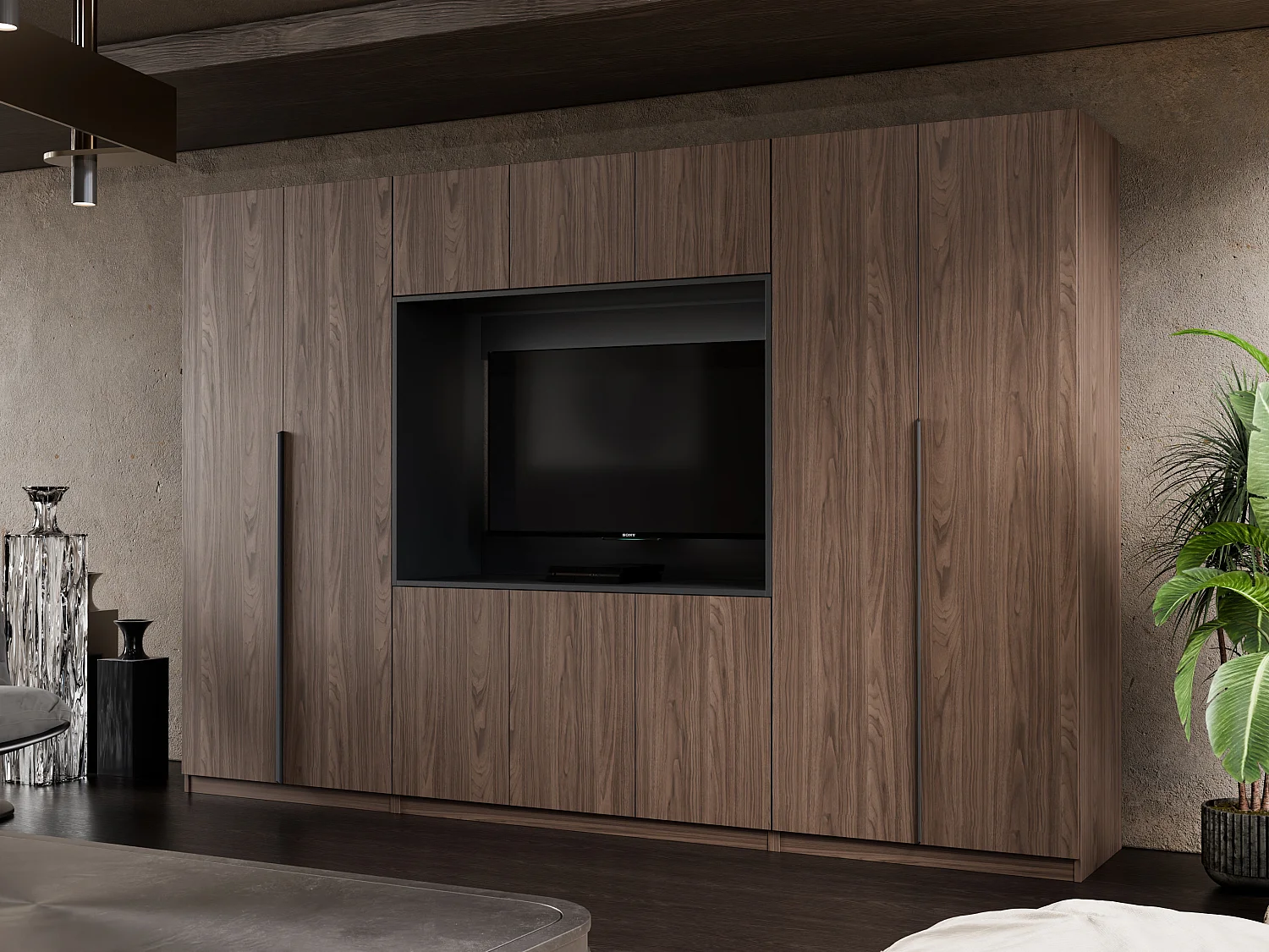 Meuble mural moderne avec grandes armoires et vitrine TV VISION Ouverture par pression