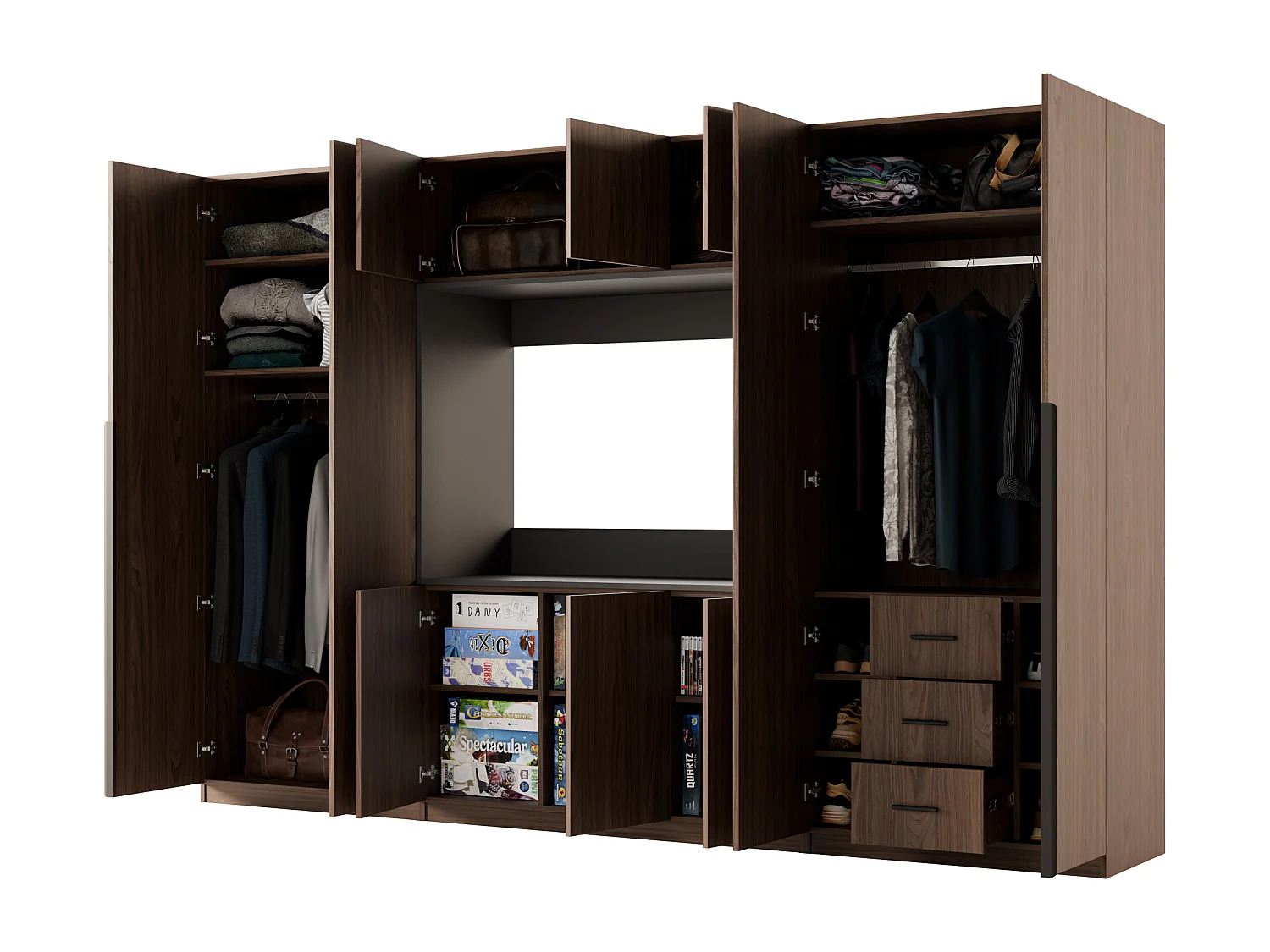 Meuble mural moderne avec grandes armoires et vitrine TV VISION Ouverture par pression