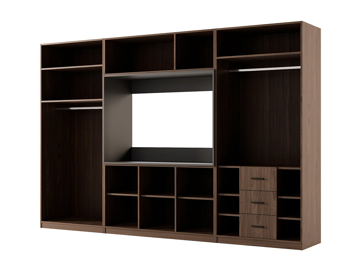 Meuble mural moderne avec grandes armoires et vitrine TV VISION Ouverture par pression