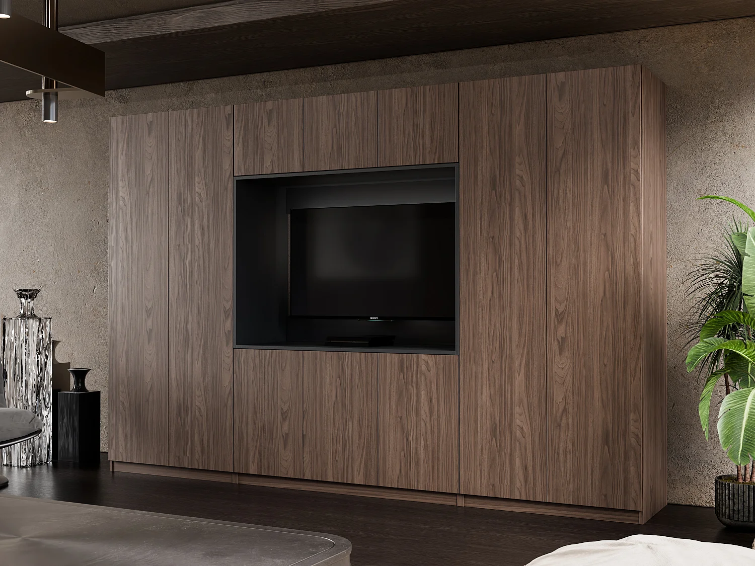 Meuble mural moderne avec grandes armoires et vitrine TV VISION Ouverture par pression
