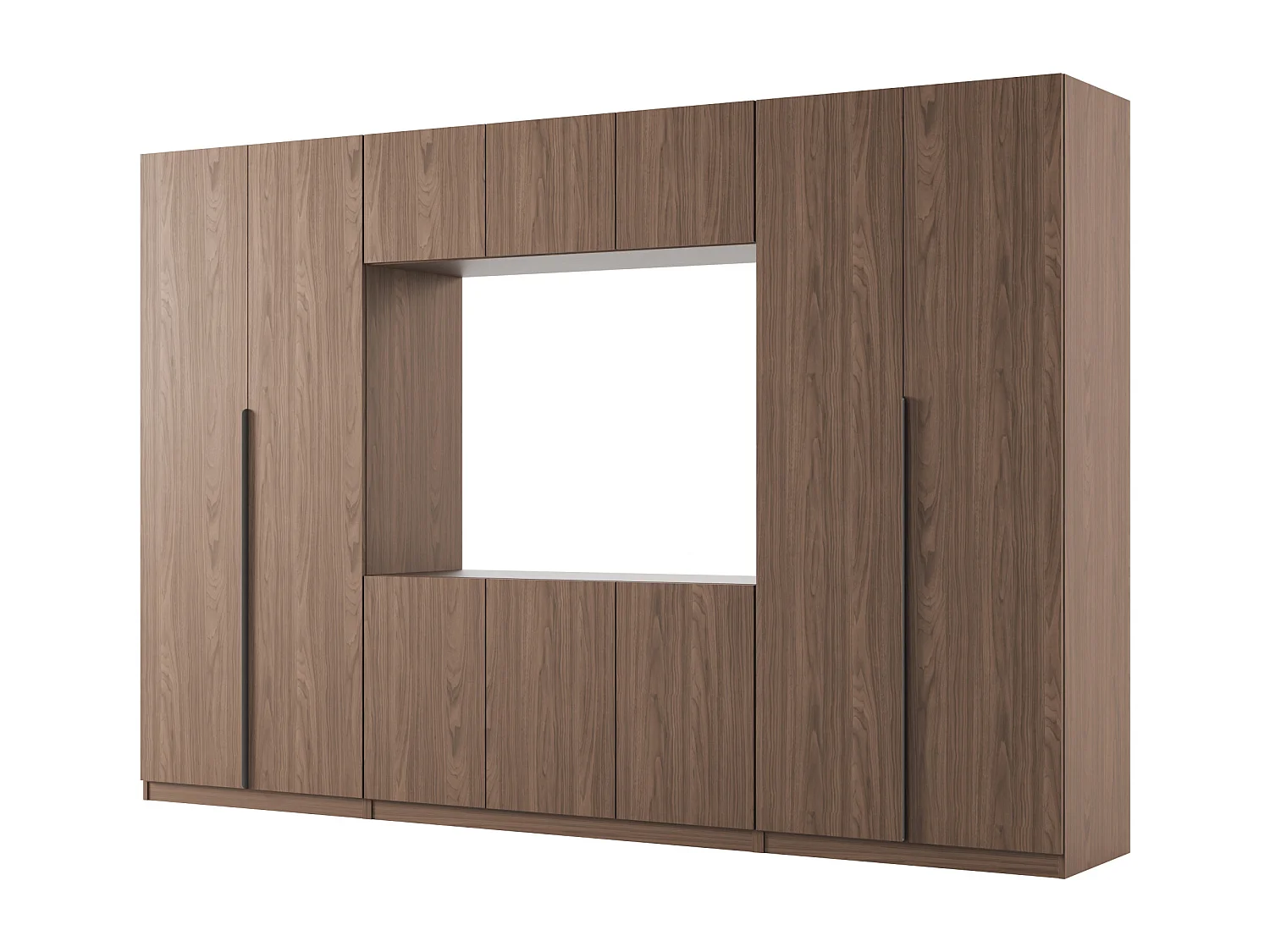 Meuble mural moderne avec grandes armoires et vitrine TV VISION Ouverture par pression