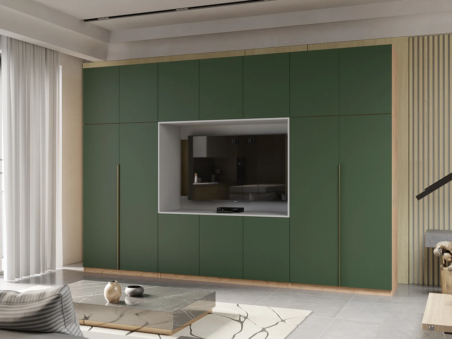 Parete attrezzata moderna con grandi armadi e vetrina TV HORIZON apertura a pressione