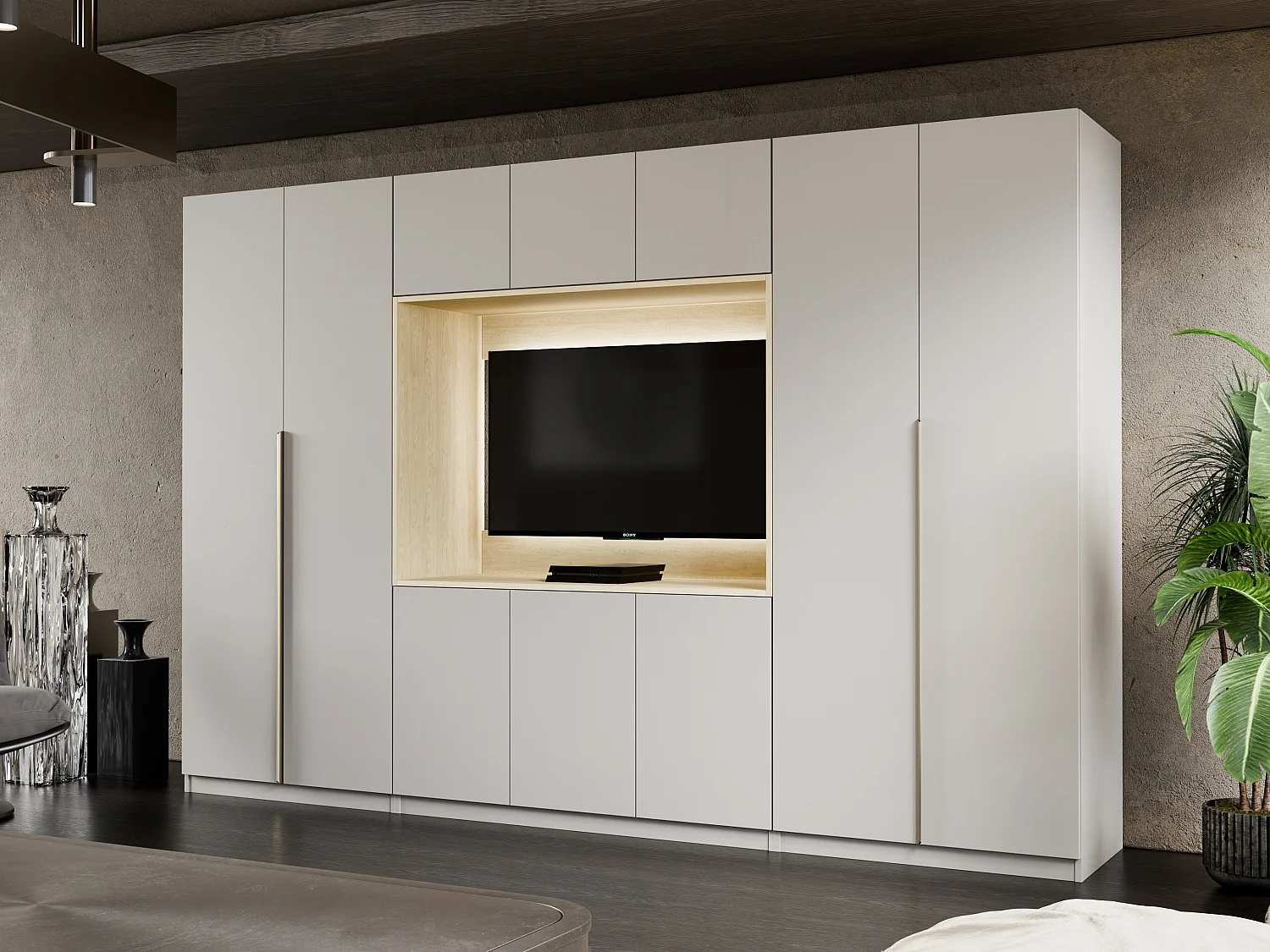 Meuble mural moderne avec grandes armoires et vitrine TV VISION Ouverture par pression