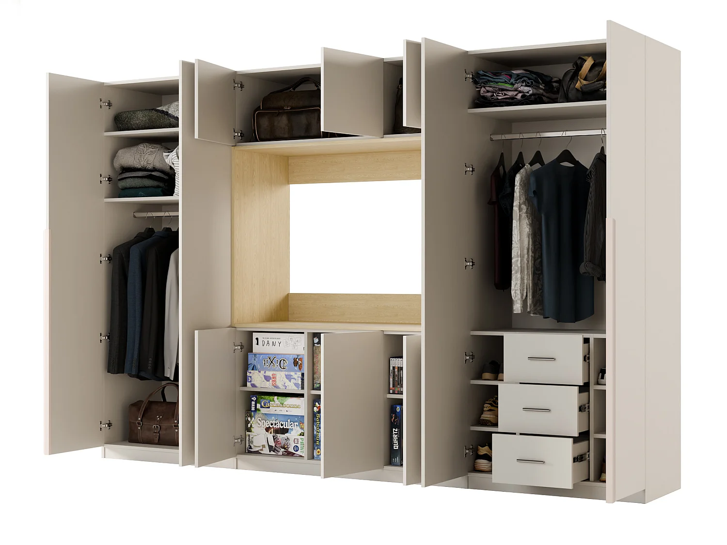 Meuble mural moderne avec grandes armoires et vitrine TV VISION Ouverture par pression