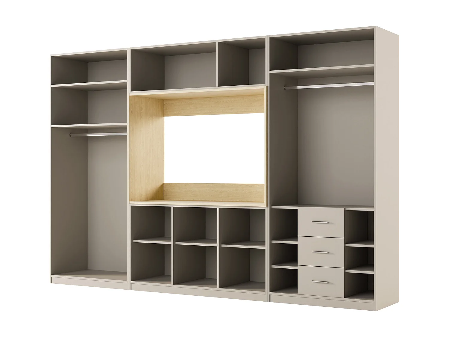 Meuble mural moderne avec grandes armoires et vitrine TV VISION Ouverture par pression