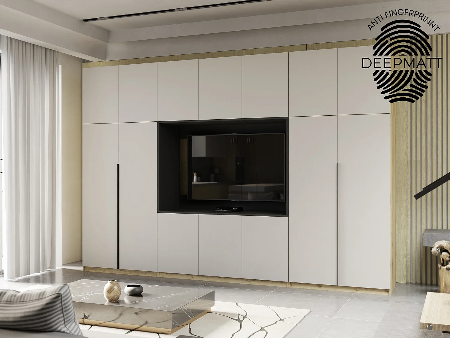 Parete attrezzata moderna con grandi armadi e vetrina TV HORIZON apertura a pressione
