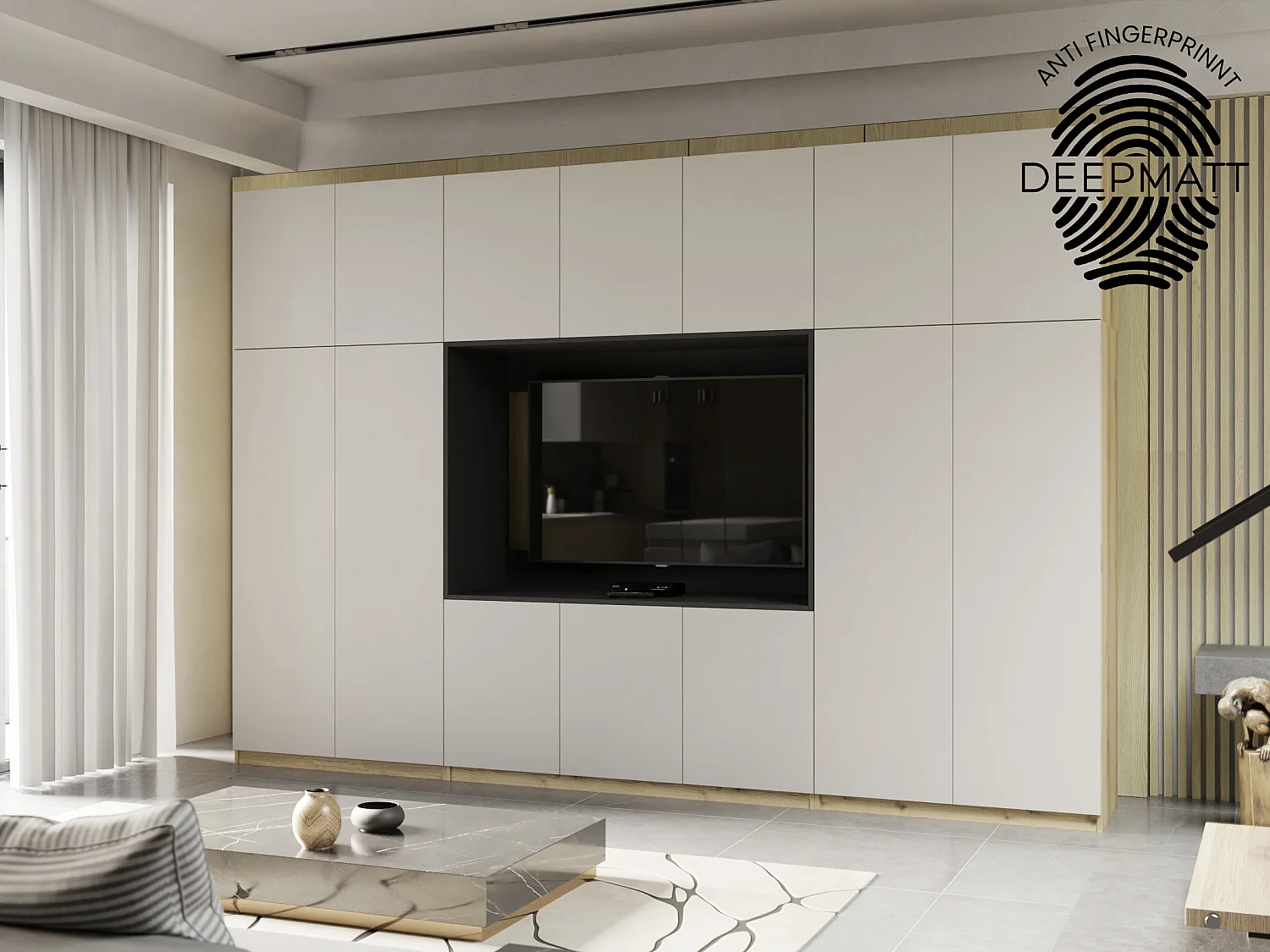 Parete attrezzata moderna con grandi armadi e vetrina TV HORIZON apertura a pressione