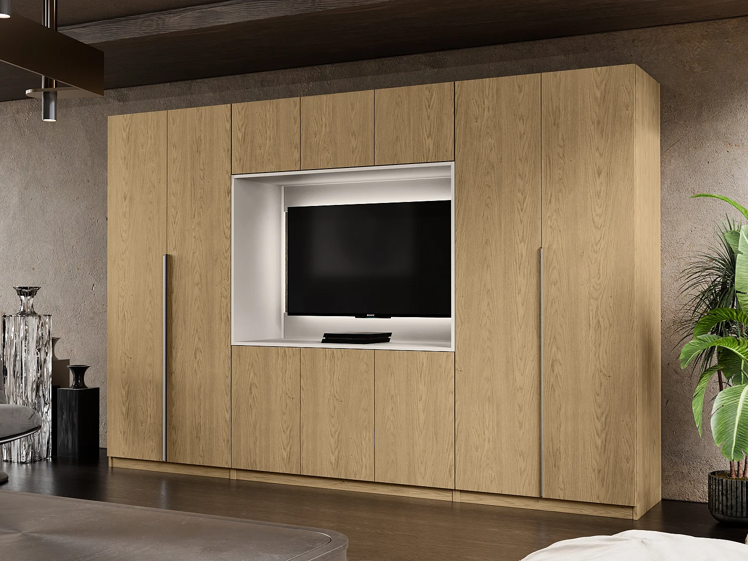 Meuble mural moderne avec grandes armoires et vitrine TV VISION Ouverture par pression