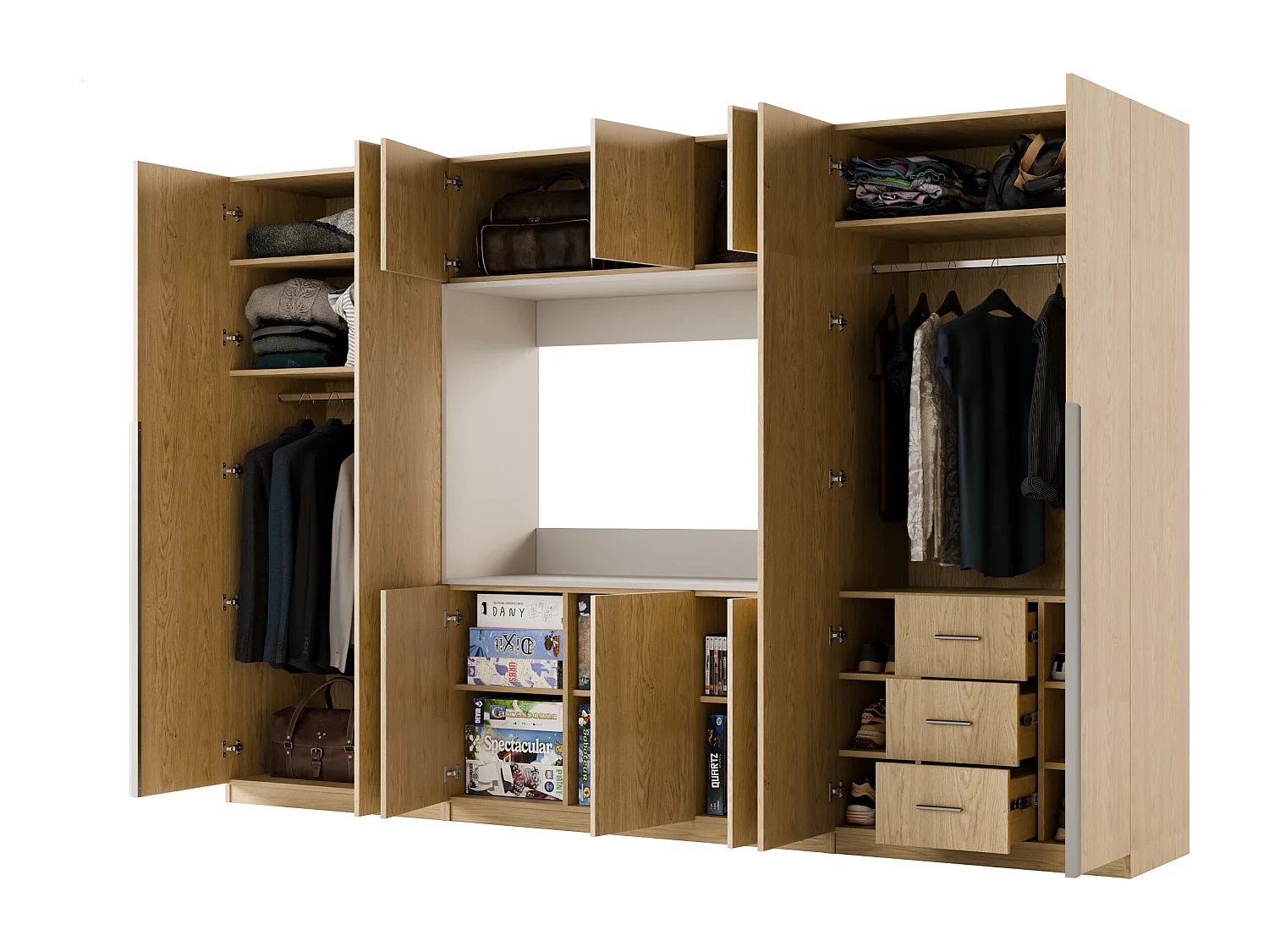Meuble mural moderne avec grandes armoires et vitrine TV VISION Ouverture par pression