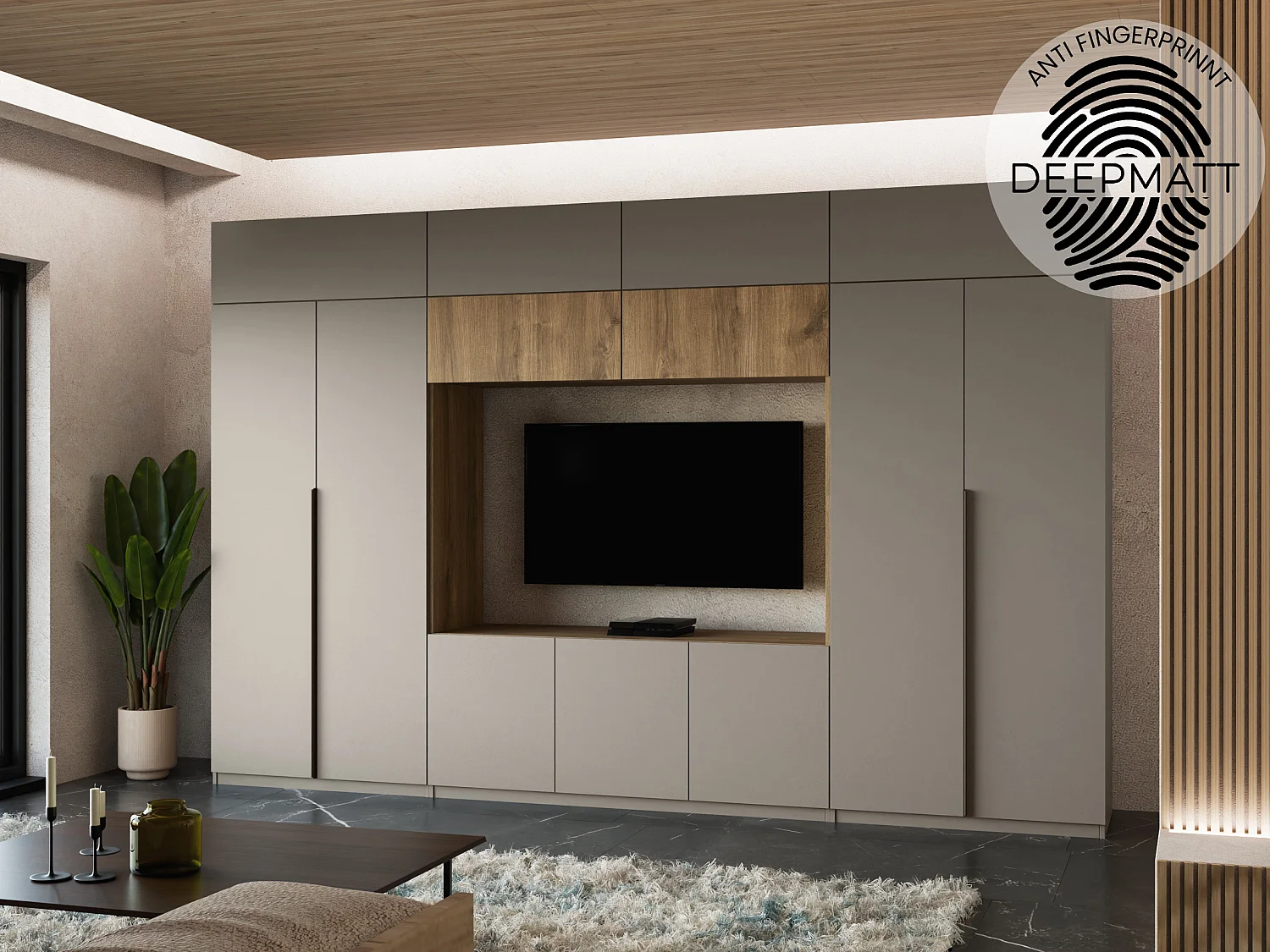 Parete attrezzata moderna con grandi armadi e vetrina TV INFINITY apertura a pressione