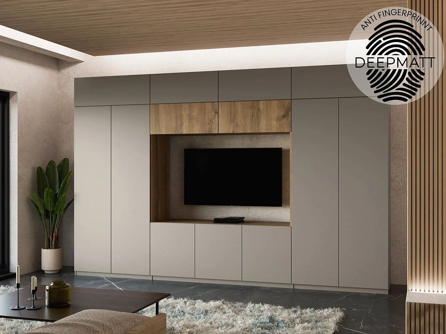 Parete attrezzata moderna con grandi armadi e vetrina TV INFINITY apertura a pressione