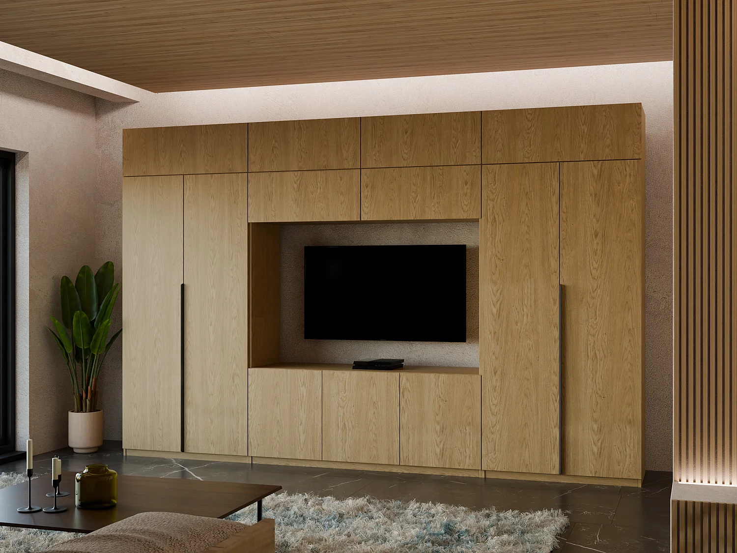 Meuble mural moderne avec grandes armoires et vitrine TV INFINITY Ouverture par pression