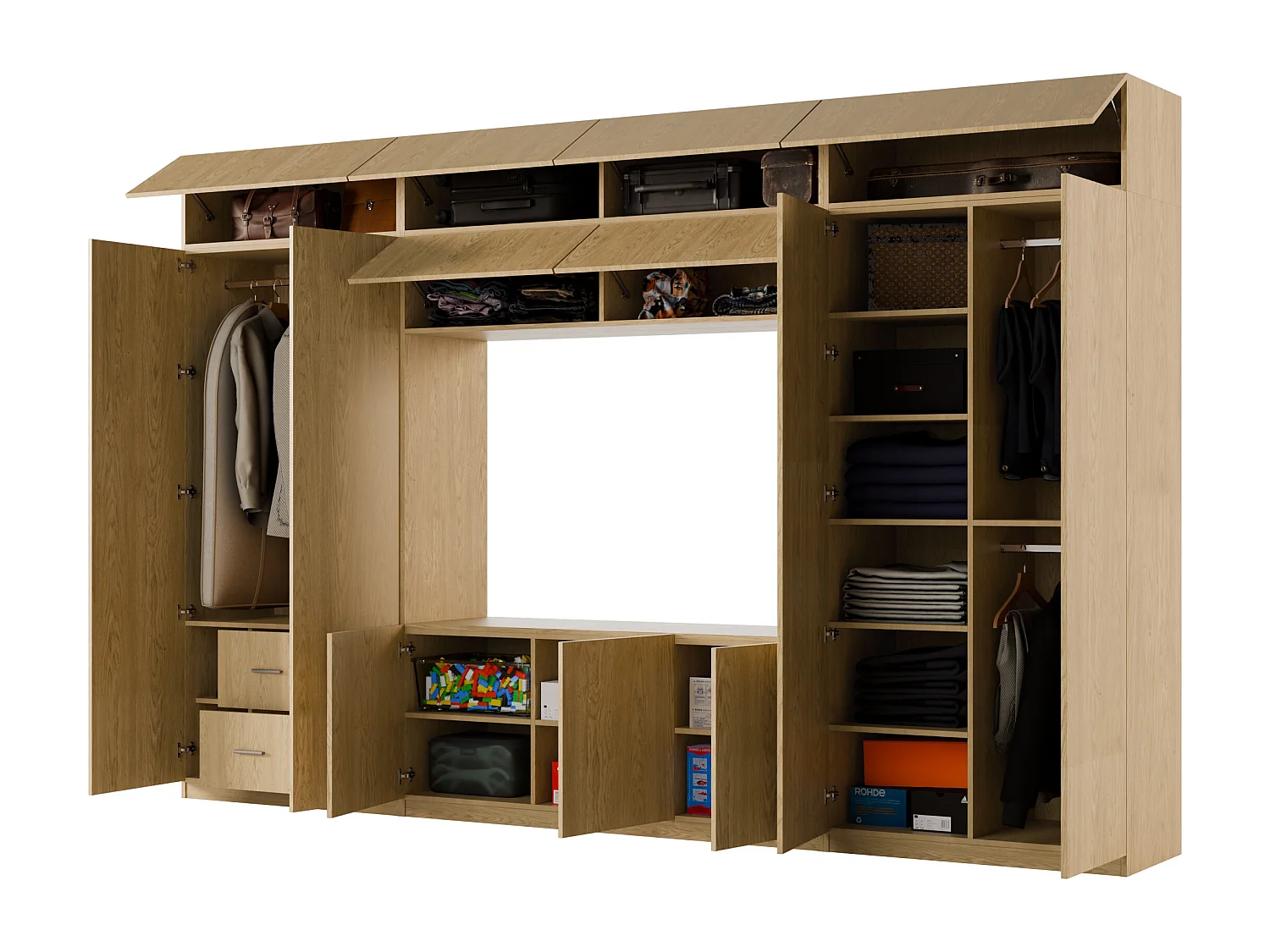 Meuble mural moderne avec grandes armoires et vitrine TV INFINITY Ouverture par pression